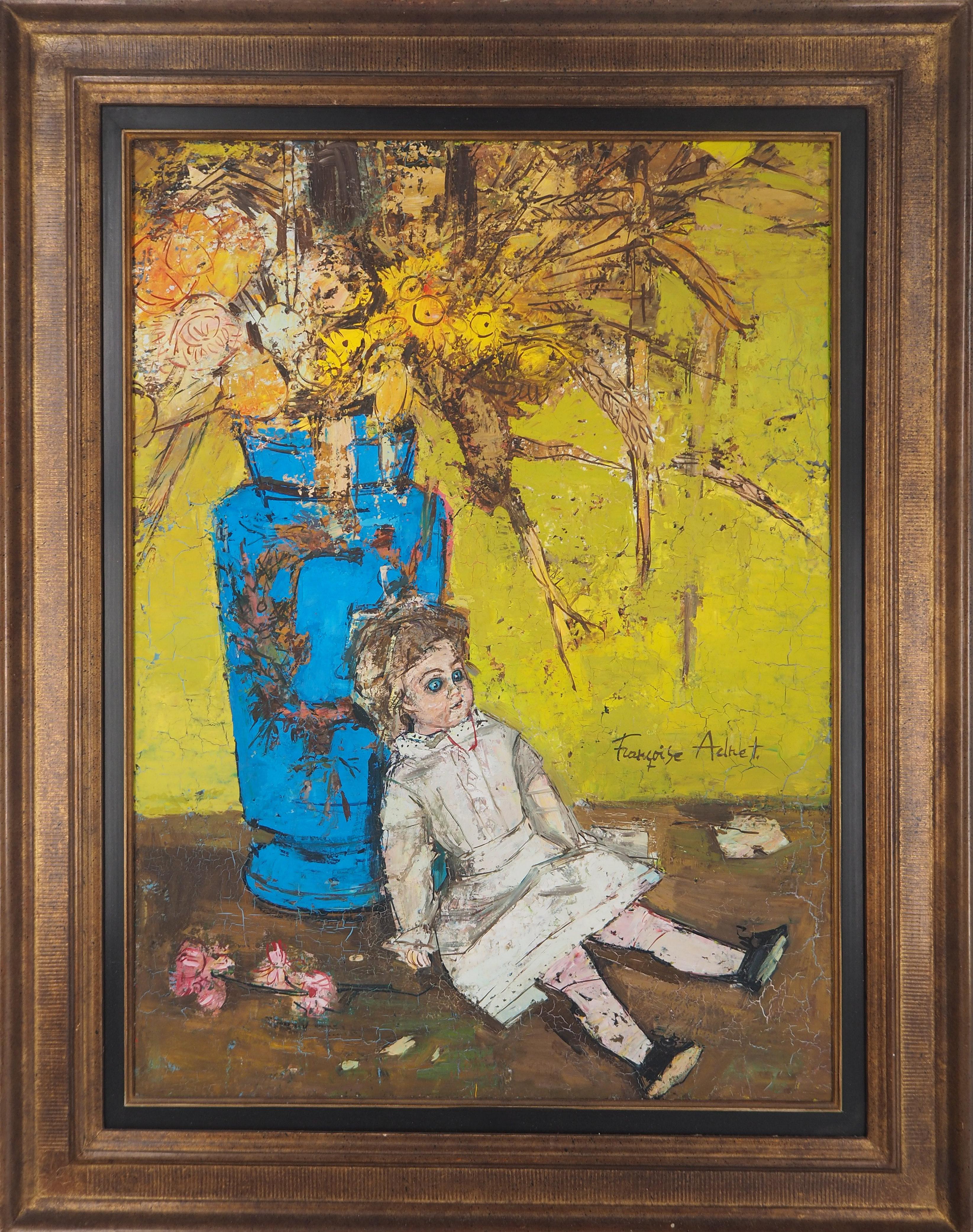 Francoise Adnet Interior Painting - Still Life : The Doll and the Blue Vase - Original Oil on canvas, Signed