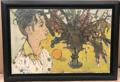 Francoise Adnet "Woman and Vase of Flowers" Painting on Canvas, France 1970