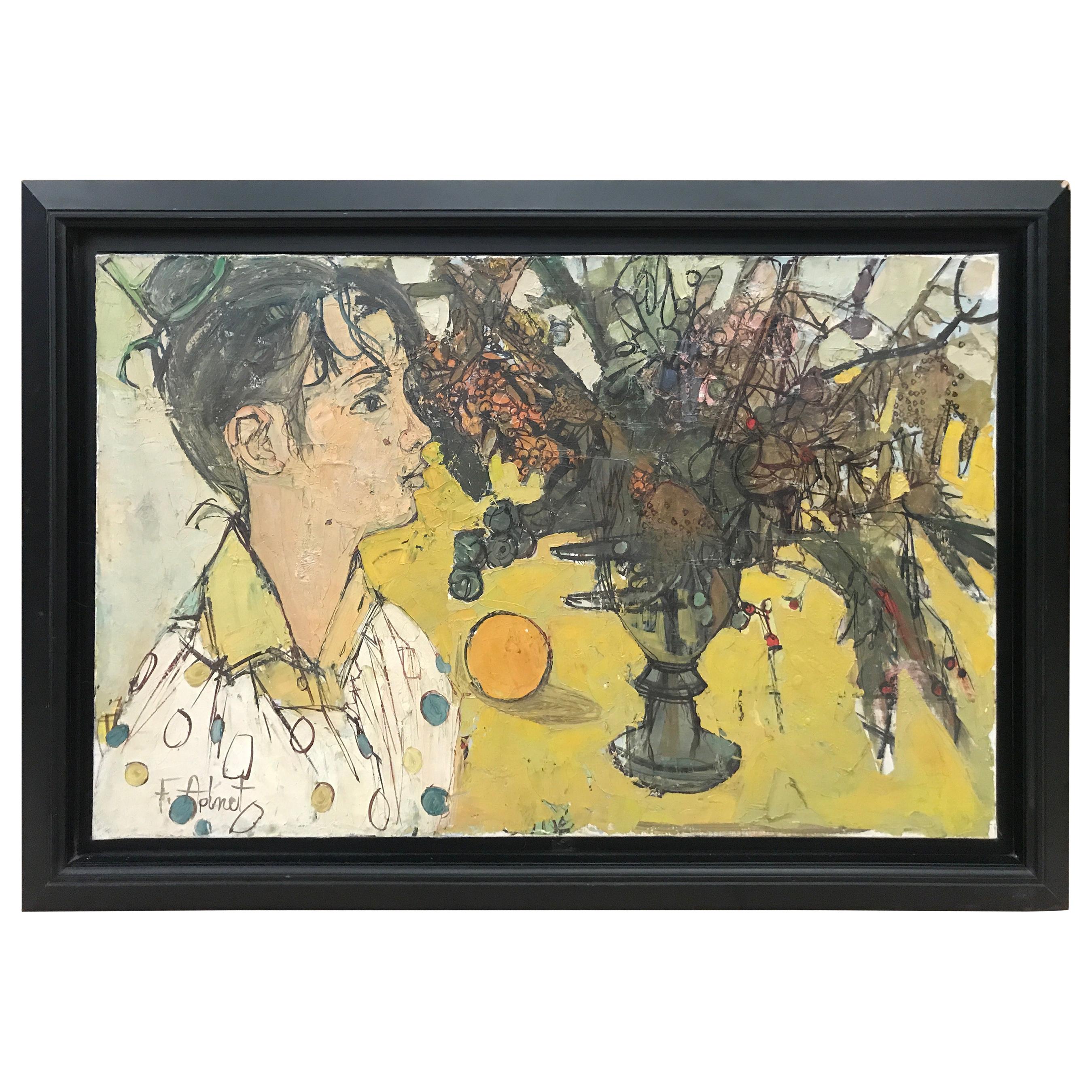 Francoise Adnet "Woman and Vase of Flowers" Painting on Canvas, France 1970 For Sale