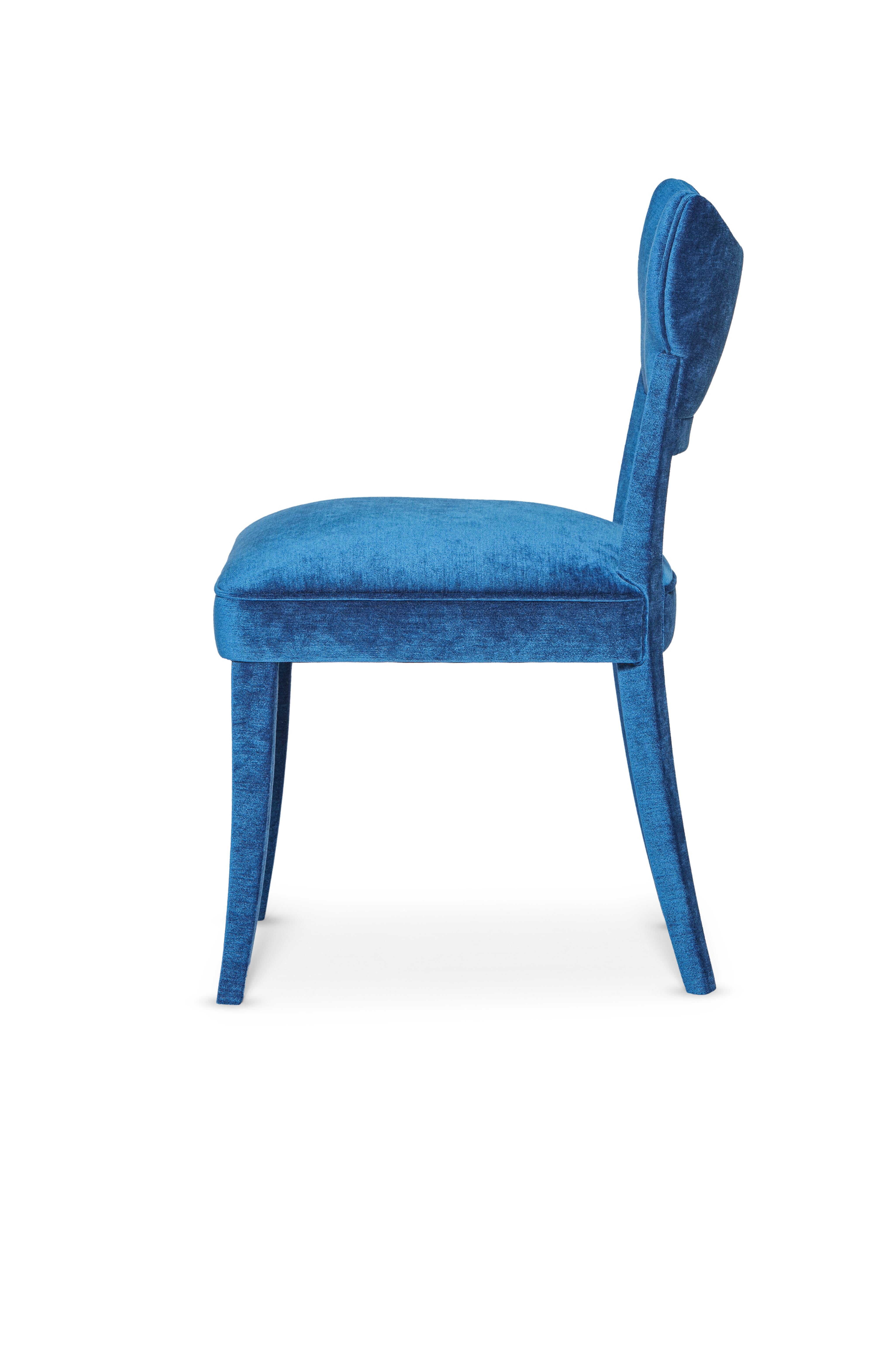 Françoise Chair by Munna
Dimensions: D 56 x W 45 x H 83 cm. SH: 48 cm.
Materials: Solid wood, foam, and upholstery.
Finish: Vivid Chenille, ref. Navy VIC12.

Available in all Munna fabrics except Wild Silk. Available in client’s own
material.
