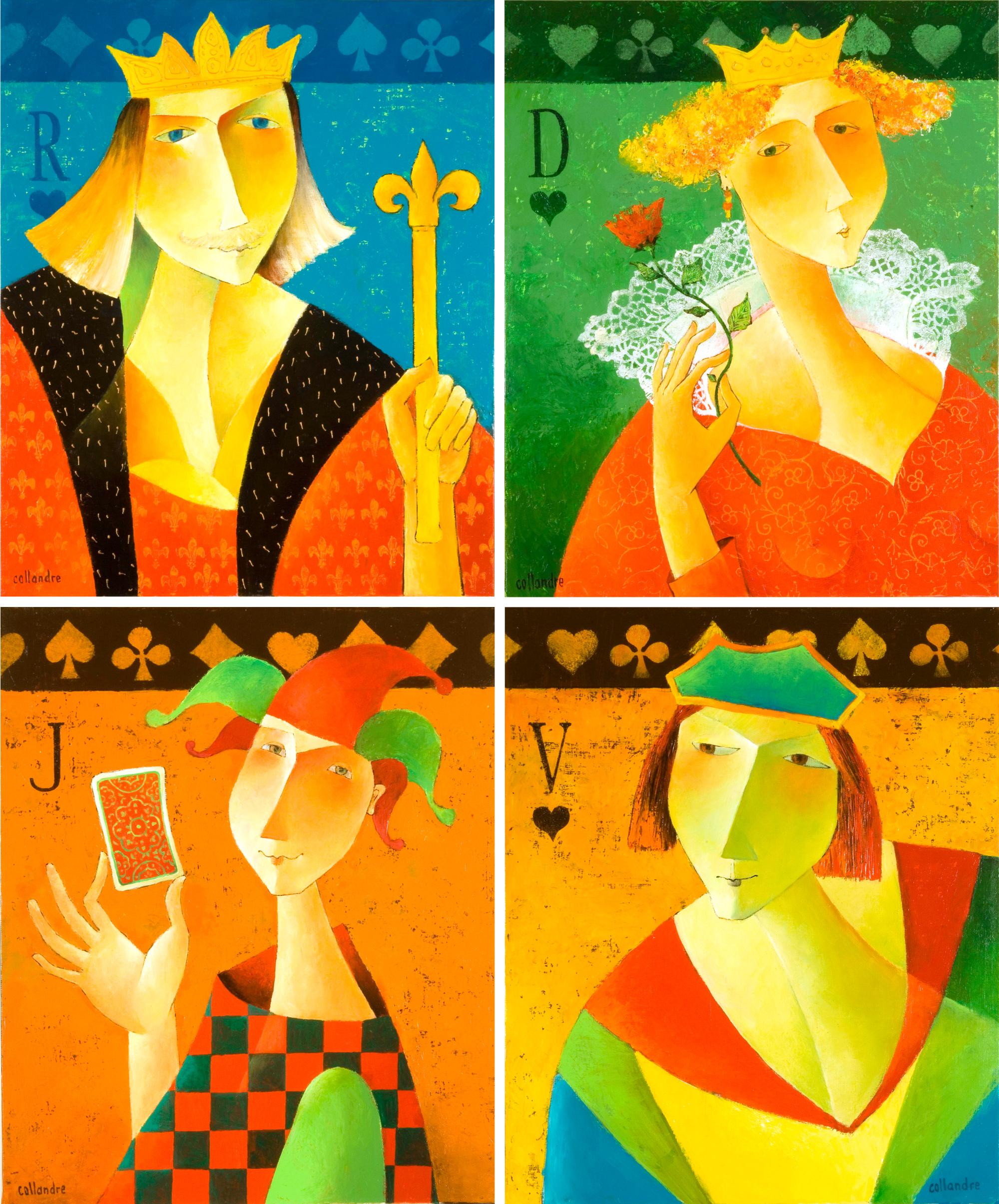Françoise Collandre Figurative Painting - "Cards", Set of 4 Portraits King-Queen-Jack-Joker Figurative Acrylic Painting