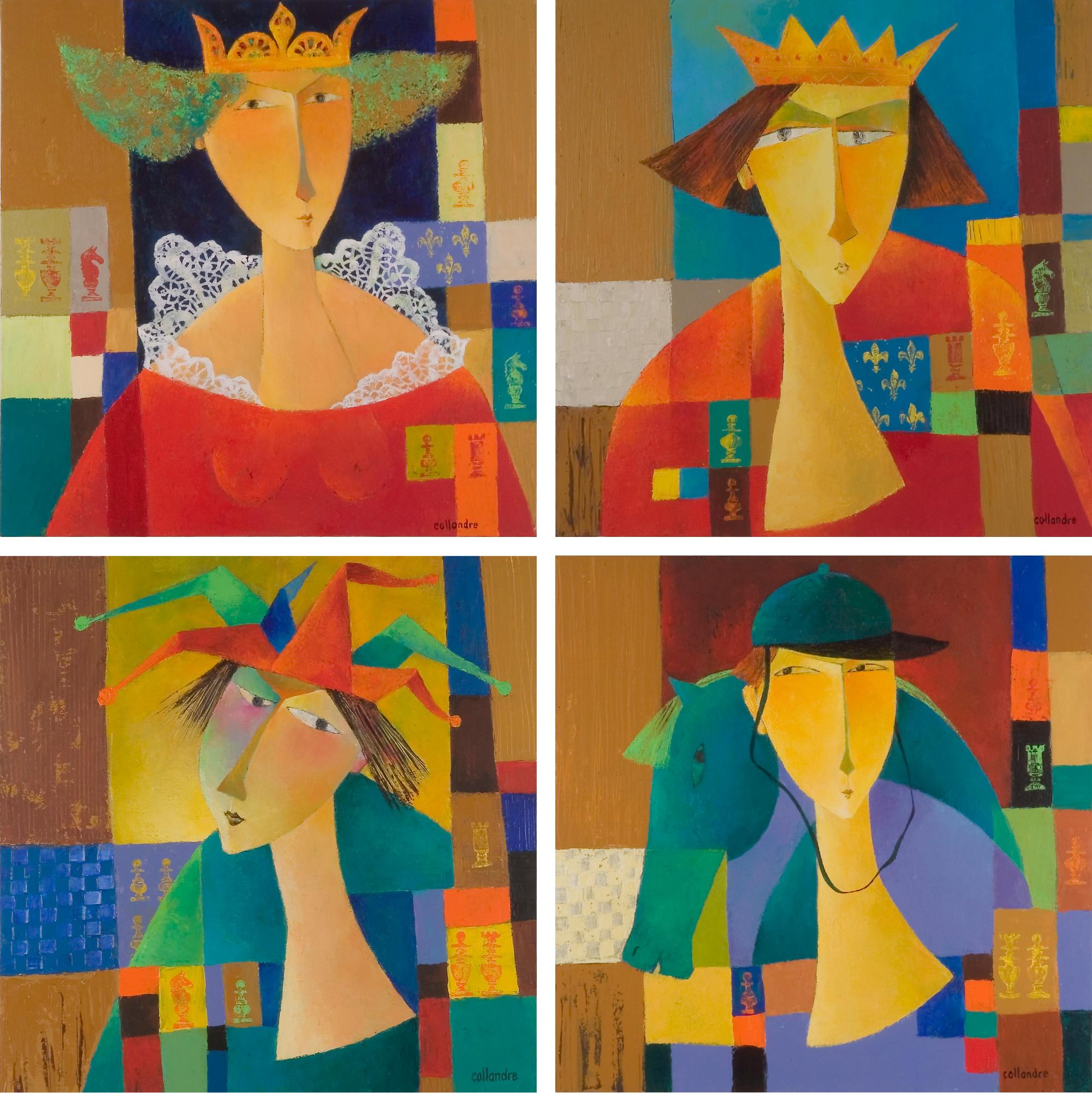 "Ajedrez", Conjunto de 4 Retratos Rey-Reina-Alfil-Caballero Pintura Acrílica Figurativa