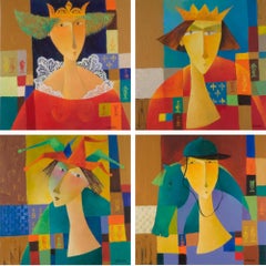"Chess", Set of 4 Portraits King-Queen-Bishop-Knight Figurative Acrylic Painting