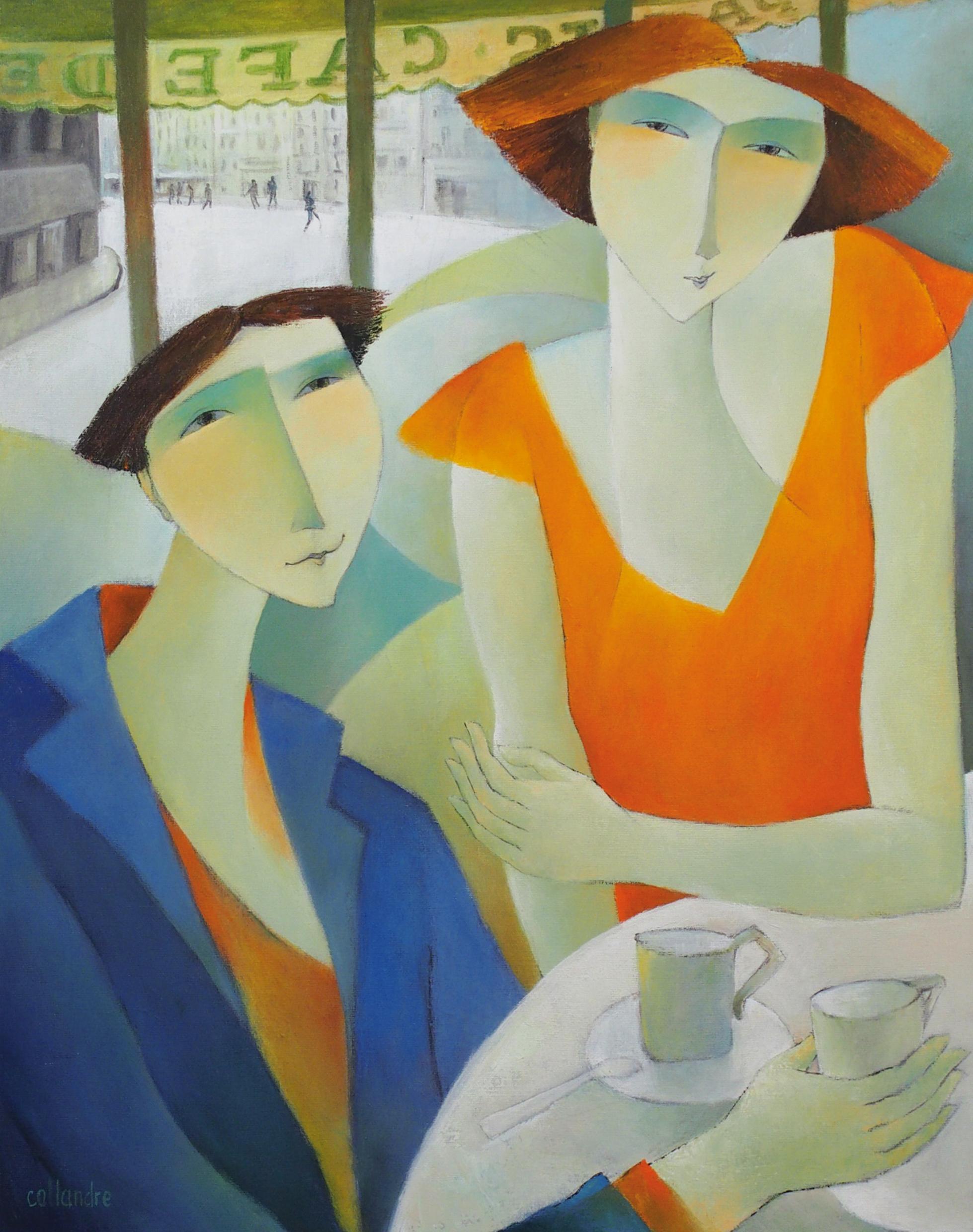 Figurative Painting di Françoise Collandre - "Caffè del mattino", Ritratto di persone su sfondo urbano Pittura figurativa