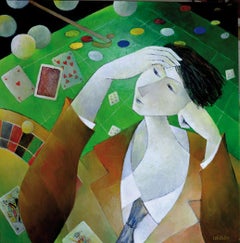 « Passion for Gambling », portrait d'une personne dans un contexte de jeu, peinture figurative