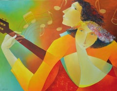 “Seduction", Lady Intoxicated by the Music Played by the Man Figurative Painting