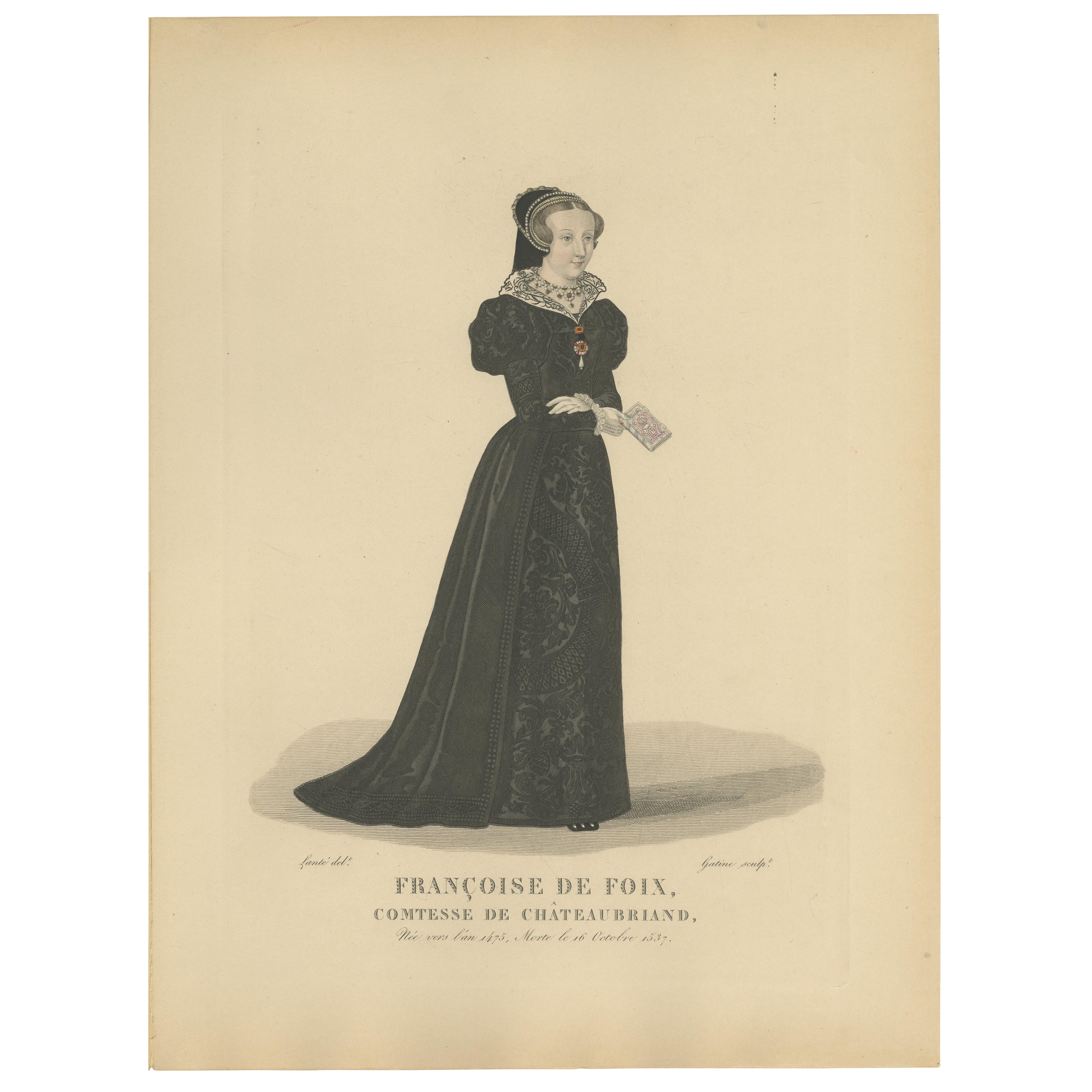 Françoise de Foix, Gräfin von Châteaubriant - Handkolorierter Kupferstich, ca. 1900