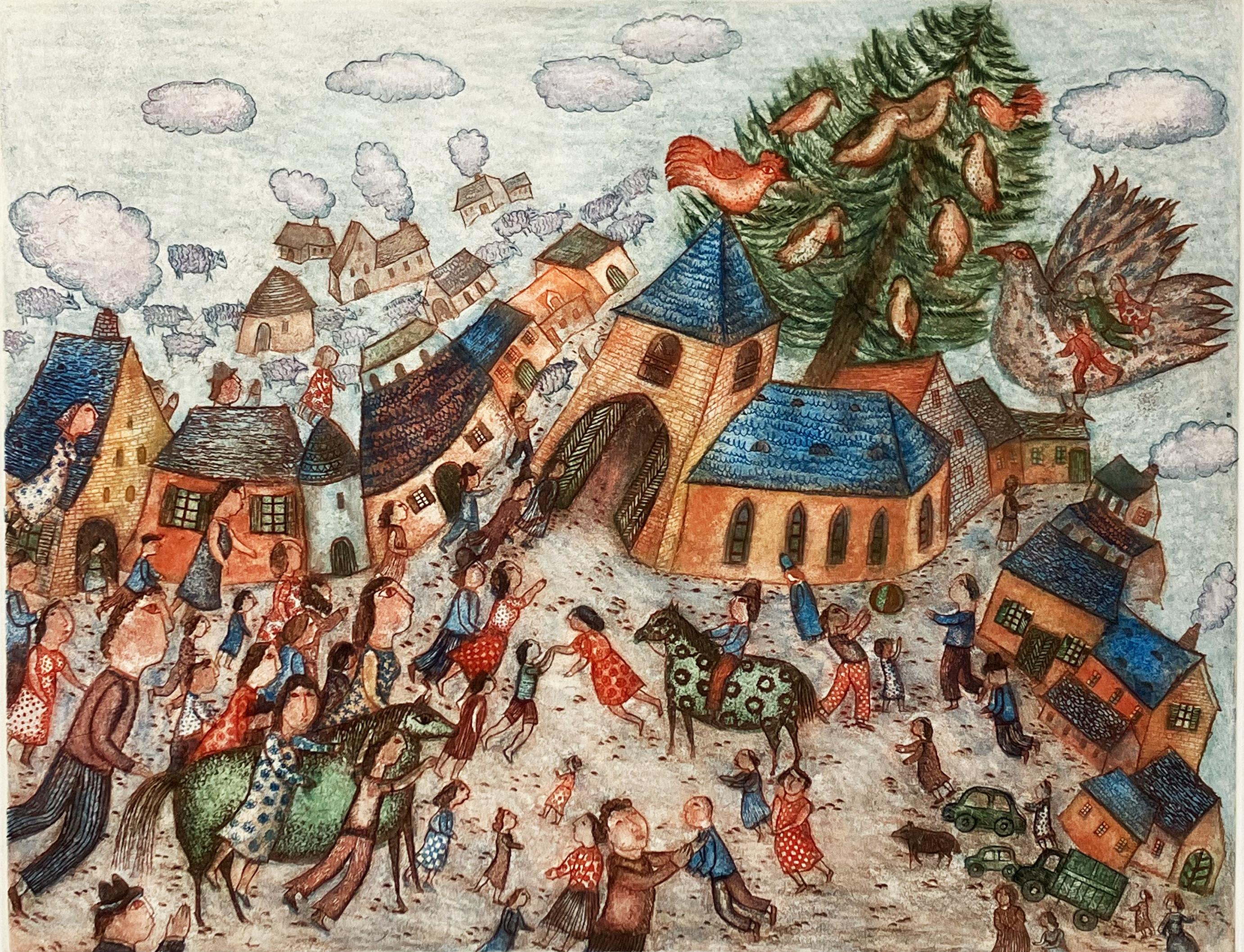 Old World Village Scene - Print by Francoise Deberdt