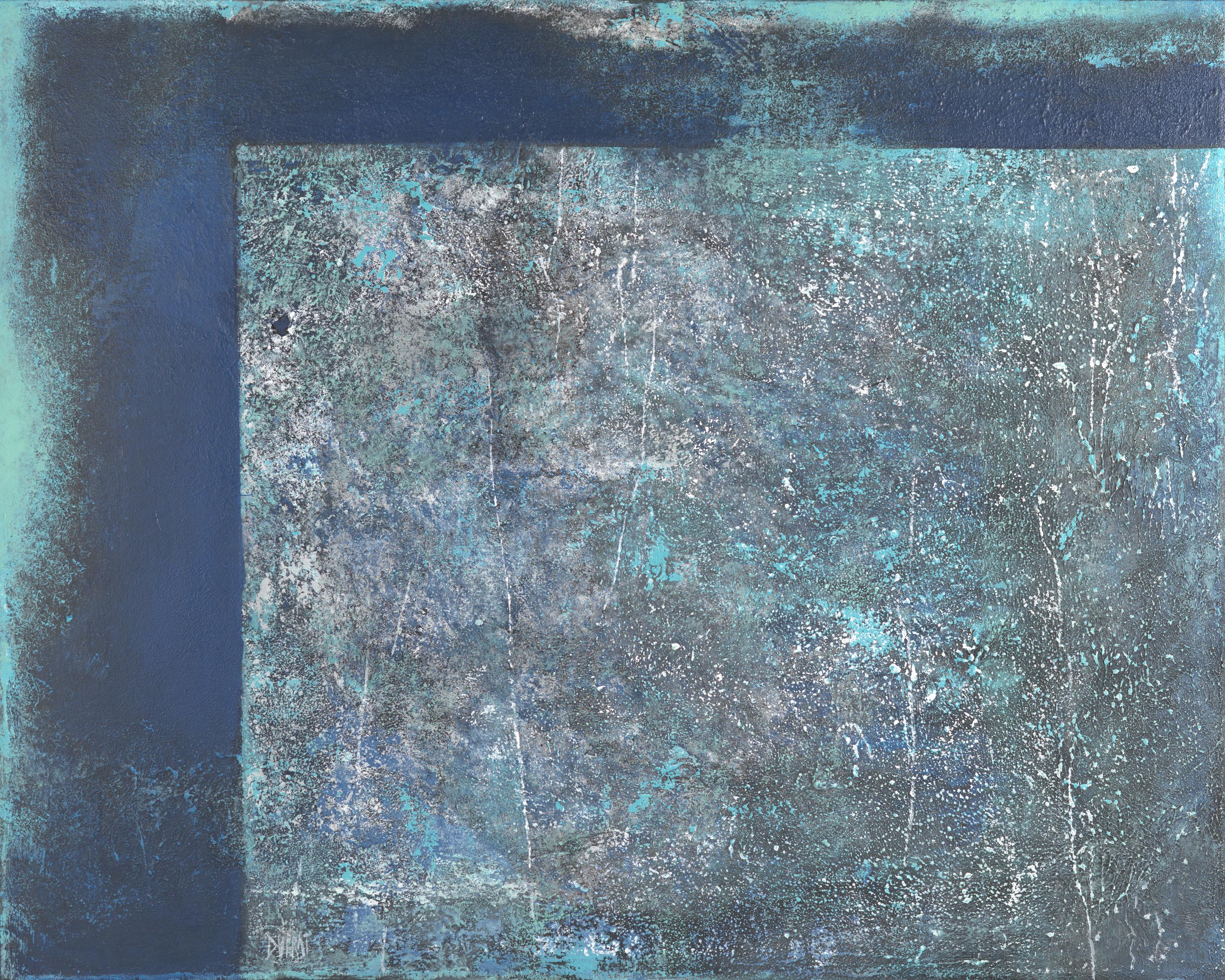 Abstract Painting di Françoise Duprat - "Drizzle", pittura acrilica marina astratta di colore turchese, blu, grigio e bianco