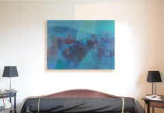 "Qui e là", pittura ad olio astratta del paesaggio marino con tocchi di turchese e rosso