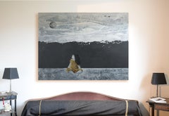 "Tell me, the Moon !",  Sitting Child in Golden, Blank & White Acrylic Painting