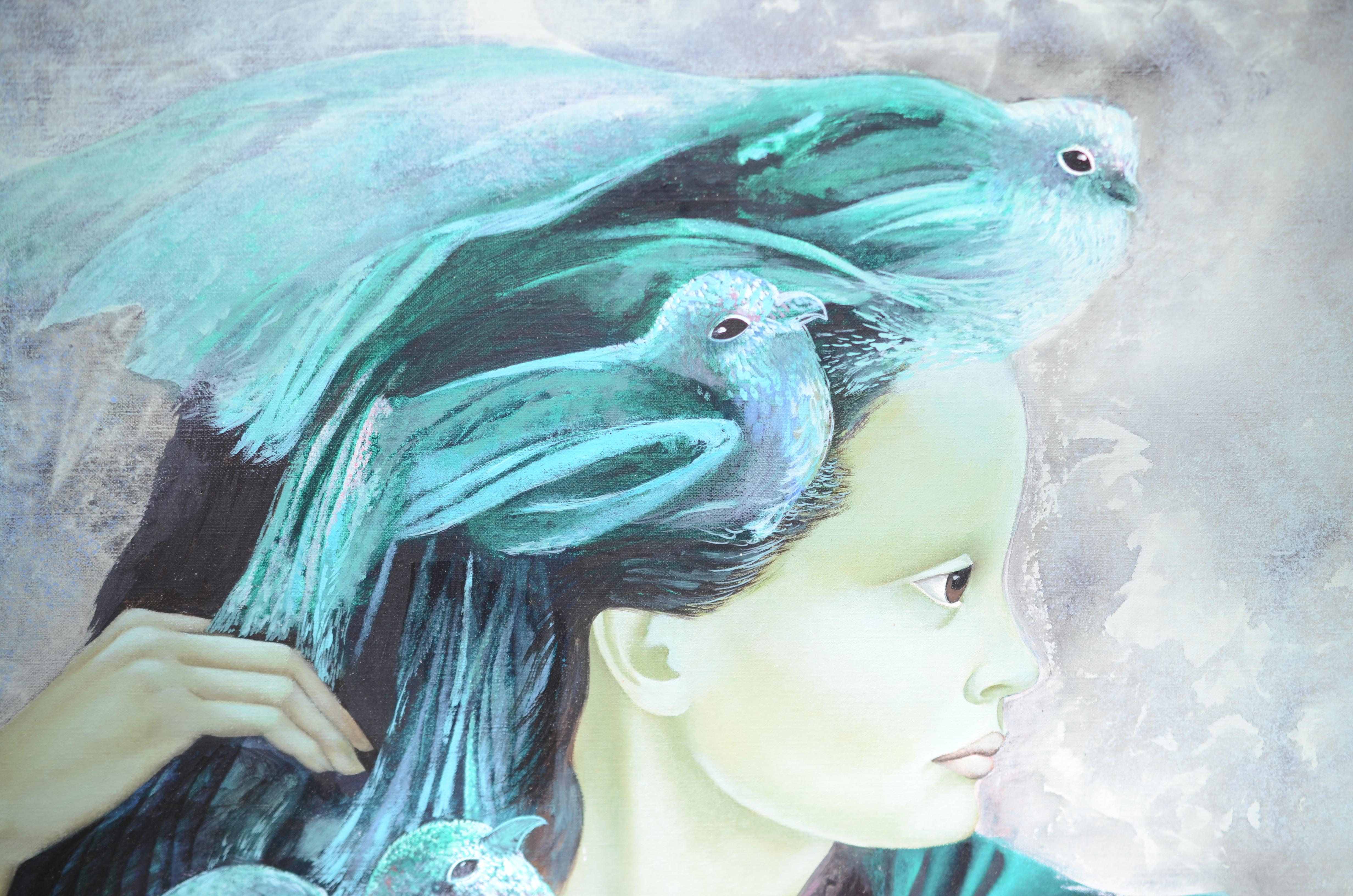 “Towards Yesterday”, Woman with Birds Figurative Portrait Green Acrylic Painting For Sale 1