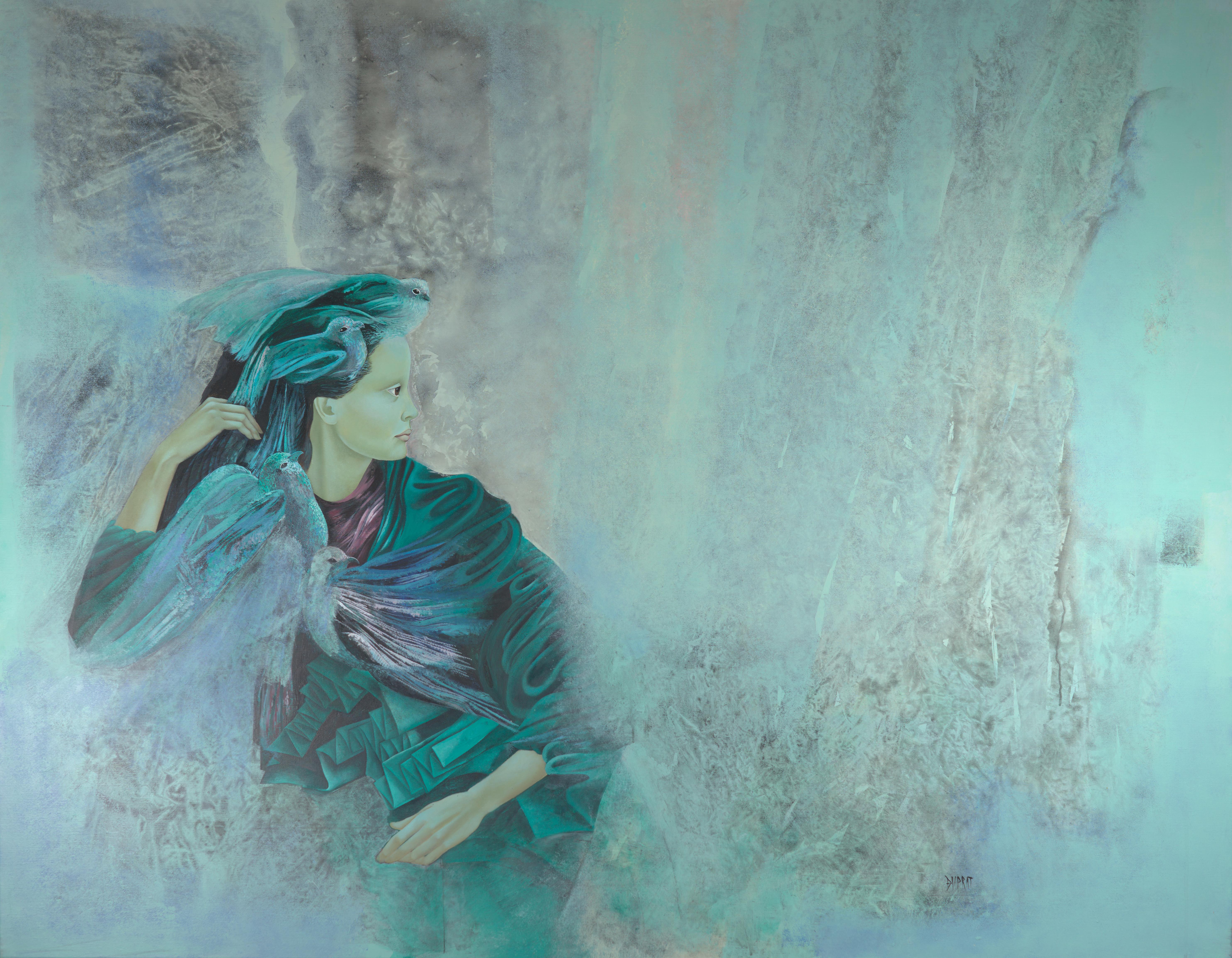"Verso ieri", Donna con uccelli Ritratto figurativo Greene & Greene Pittura acrilica