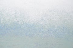 "Yesterday", pittura acrilica astratta di paesaggio marino in bianco e grigio e blu