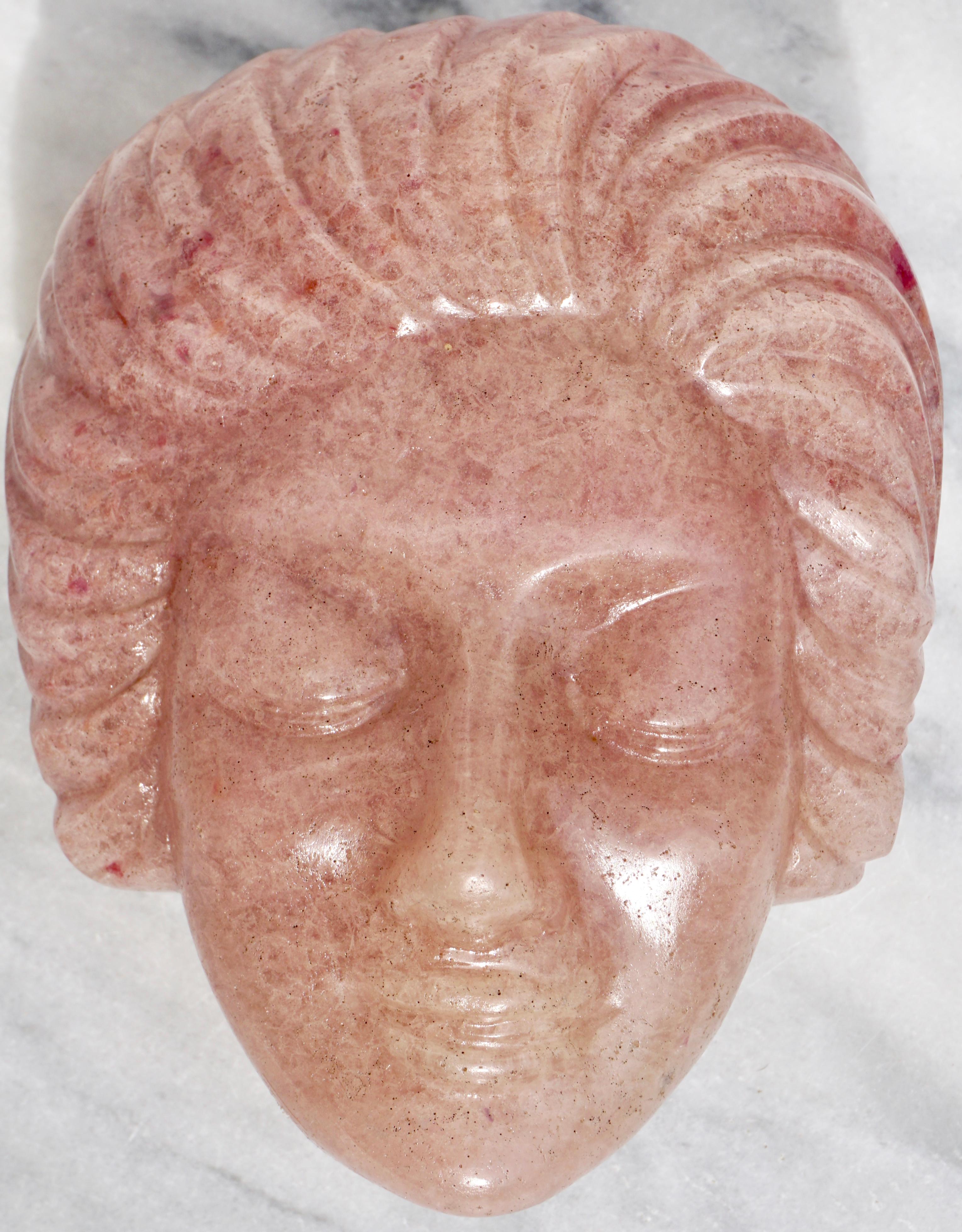 François-Emile Decorchemont Pate-de-Verre Glass Mold Of A Female Ladies Face. A rare, large and very heavy sculpture of either a mask or a modeled face. At 3.5 inches thick in glass with a peach, pink or rose color; this statue was exhibited in the