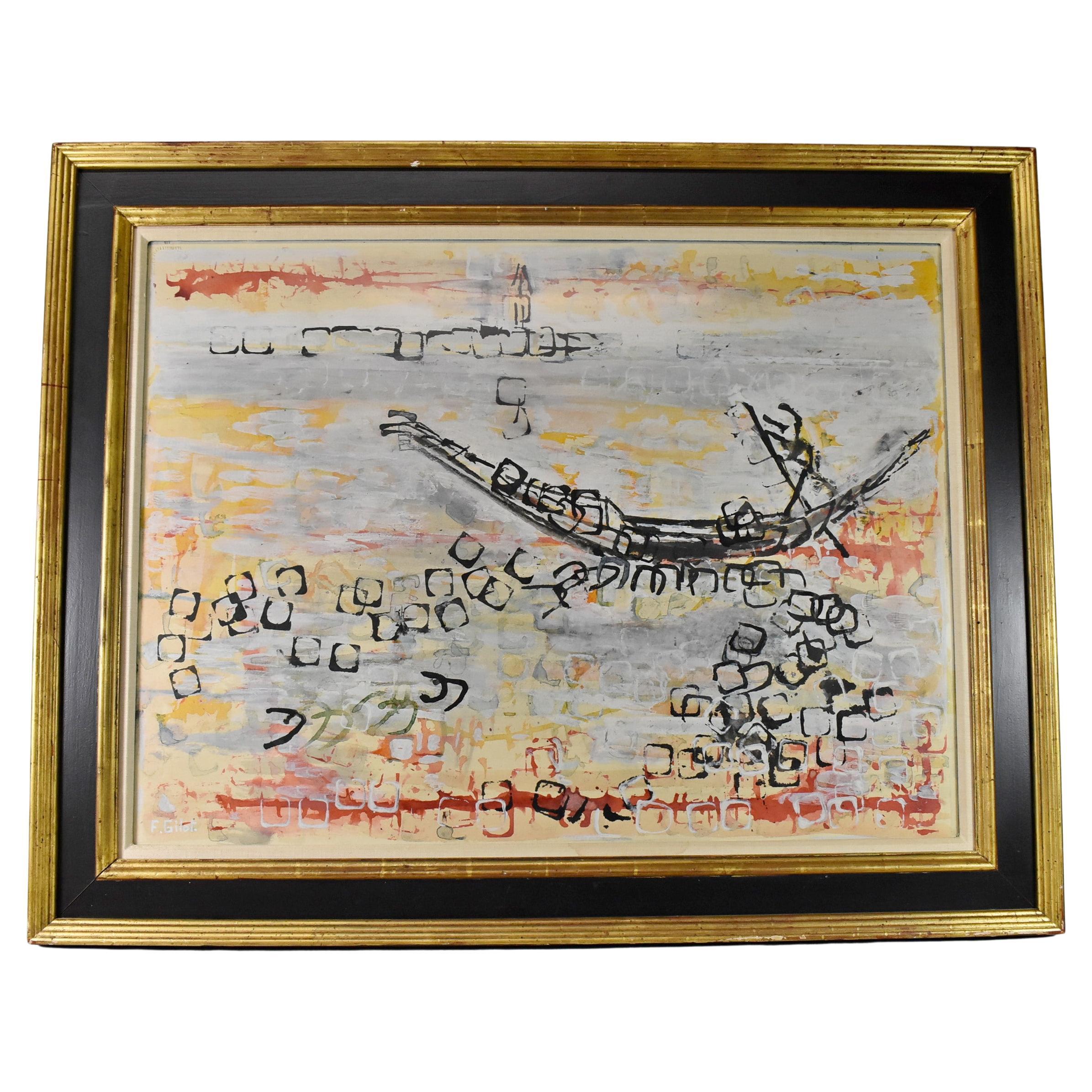 Francoise Gilot, Mixed Media Gondola Painting on Arches Paper For Sale