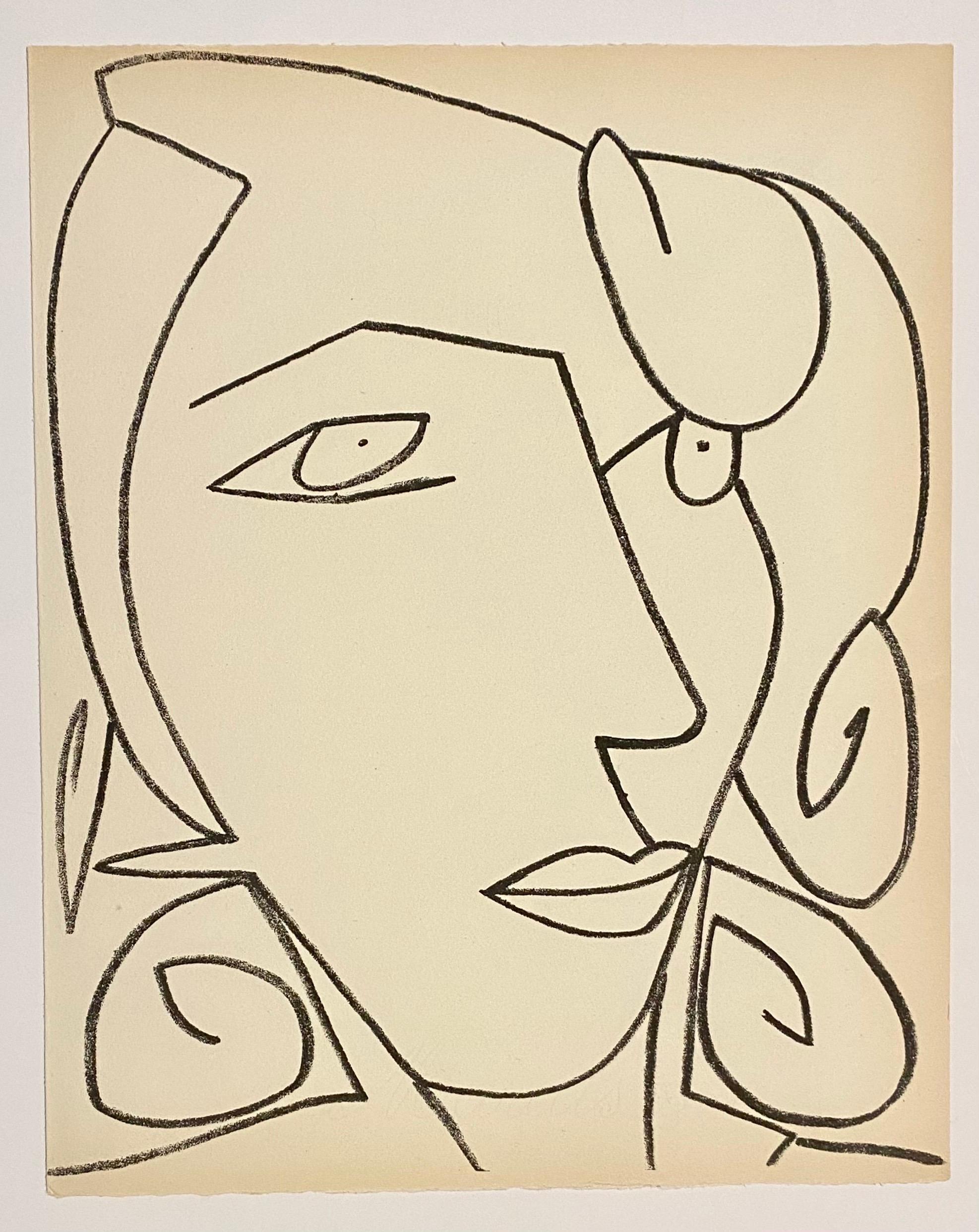 Portrait head of a woman, Original French Mourlot Modernist Lithograph 1950s - Beige Figurative Print by Françoise Gilot