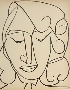 Portrait tête de femme, Lithographie originale française moderniste de Mourlot, années 1950