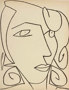 Portrait tête de femme, Lithographie originale française moderniste de Mourlot, années 1950