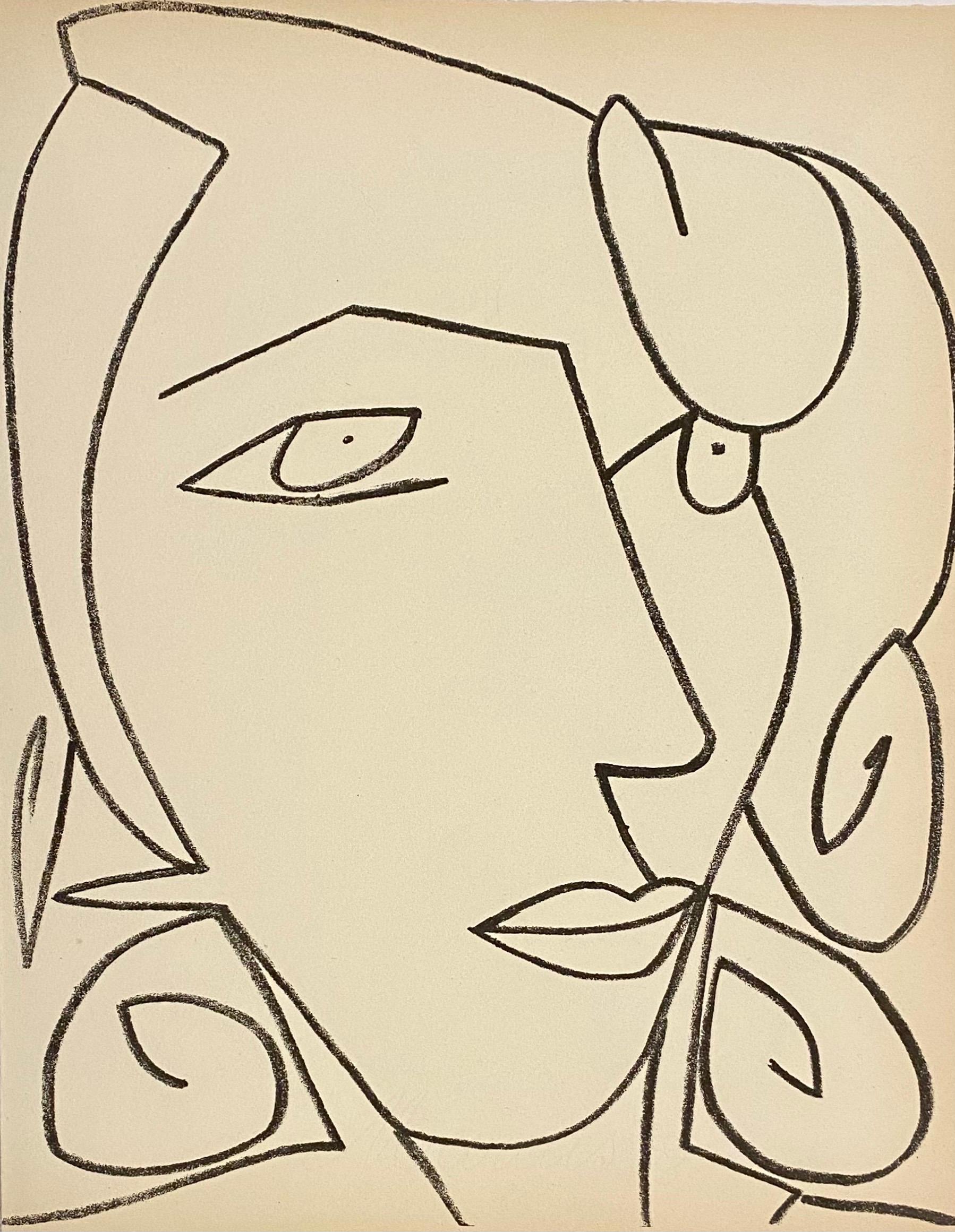 Françoise Gilot Portrait Print - Portrait head of a woman, Original French Mourlot Modernist Lithograph 1950s