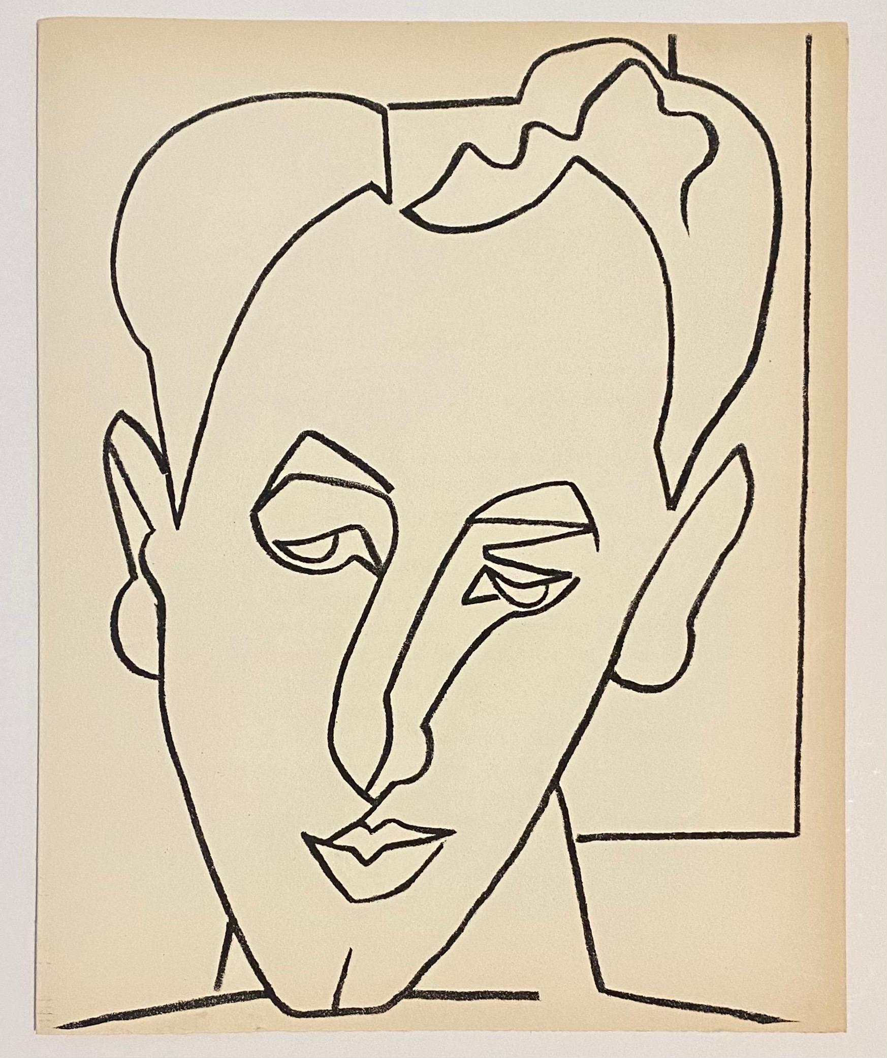 Portrait Man Original French Mourlot Modernist Lithograph 1951 Francoise Gilot - Beige Figurative Print by Françoise Gilot