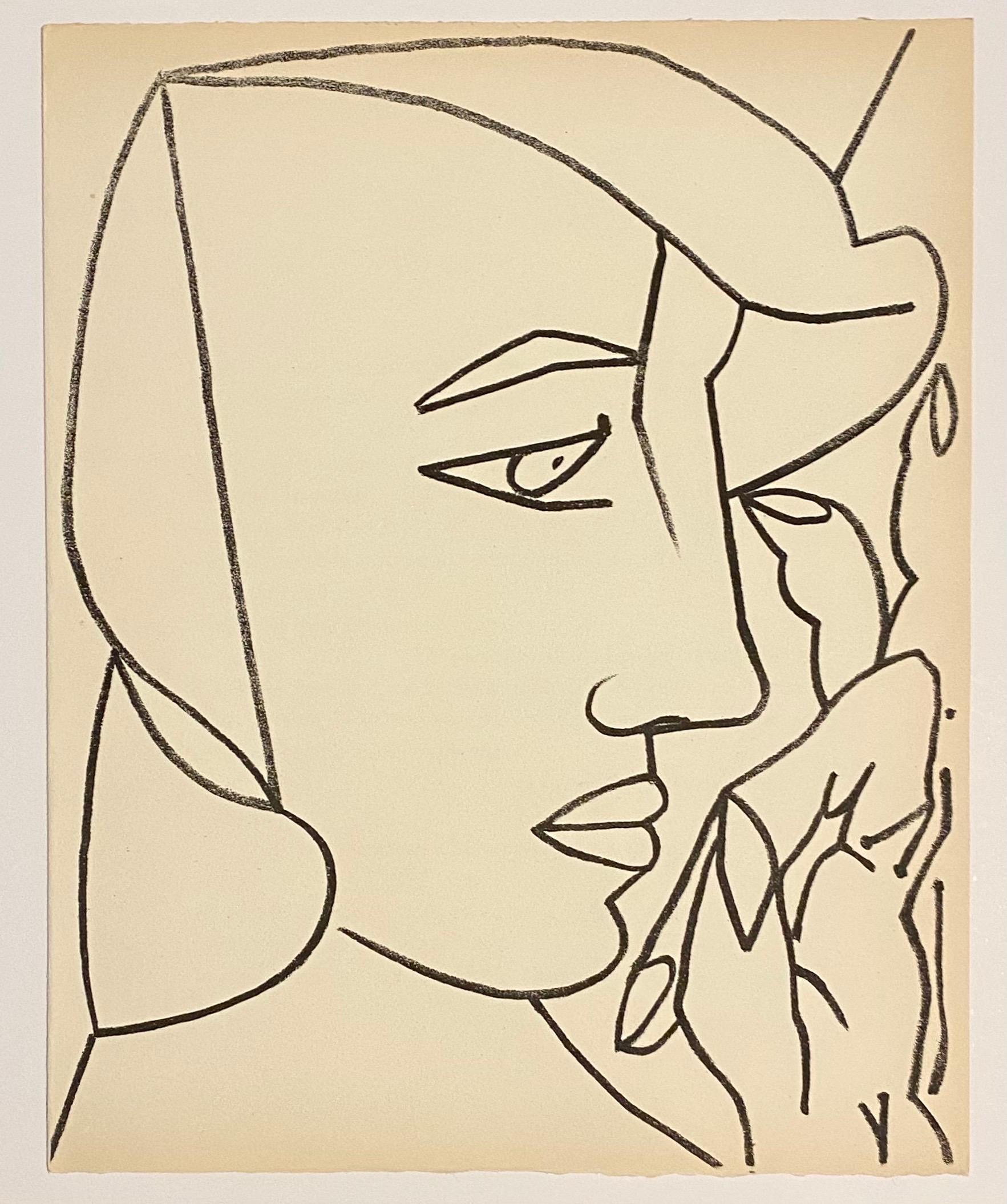 Portrait Woman Original French Mourlot Modernist Lithograph 1951 Francoise Gilot - Beige Portrait Print by Françoise Gilot