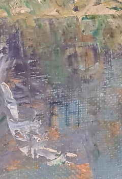 Veduta impressionista francese della metà del secolo scorso. 'Foglie colorate di inizio autunno'. Olio su tela.