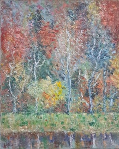 Ansicht im impressionistischen Stil. Farbenfrohe frühe Herbstblätter, Bäume auf einer Flussbank.