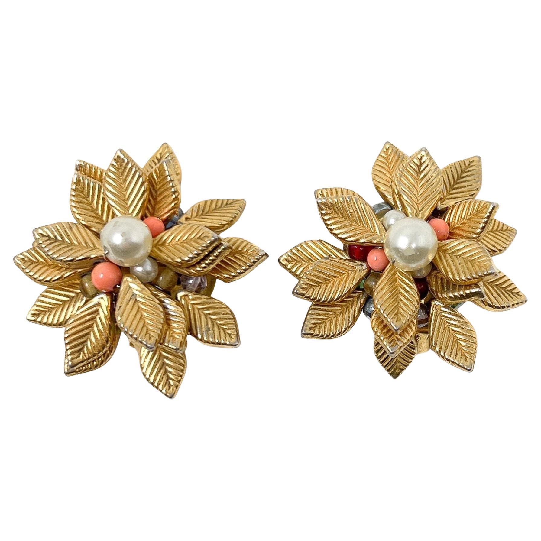 Françoise Montague 1980s Gold Plate and Glass Bead Vintage Flower Earrings im Angebot