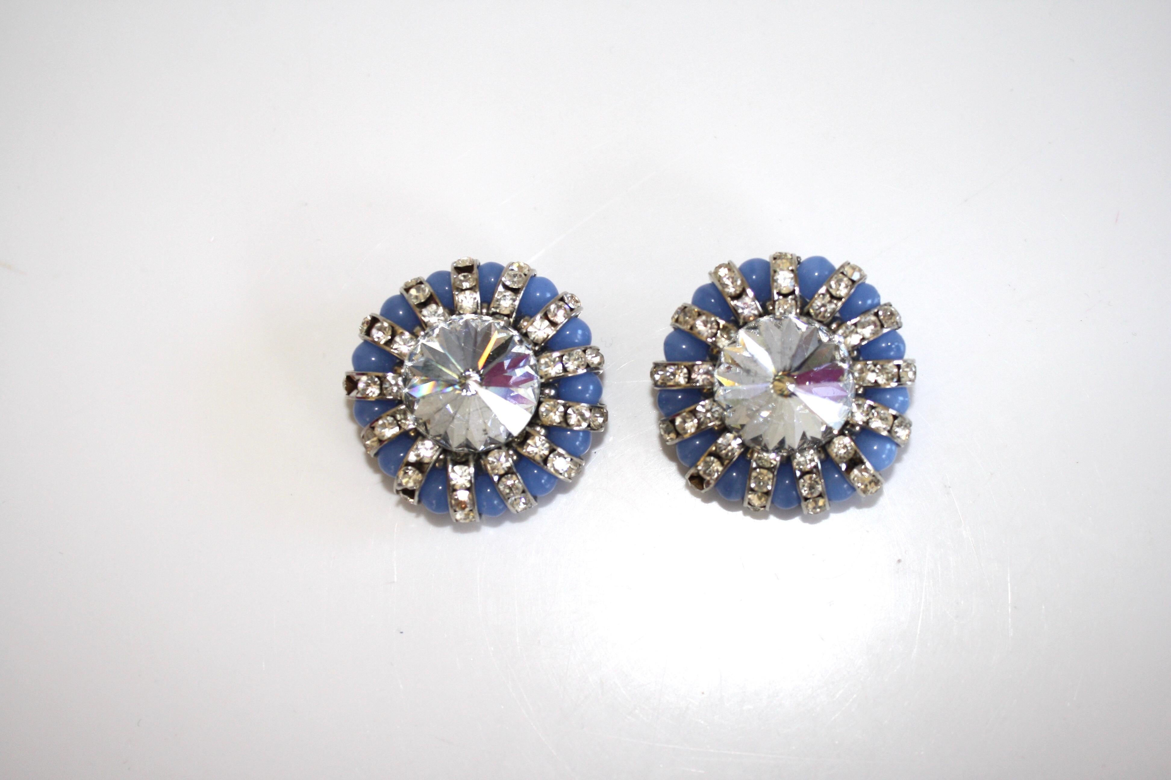 Francoise Montague Blue Glass and Crystal Clip Earrings In New Condition In Virginia Beach, VA