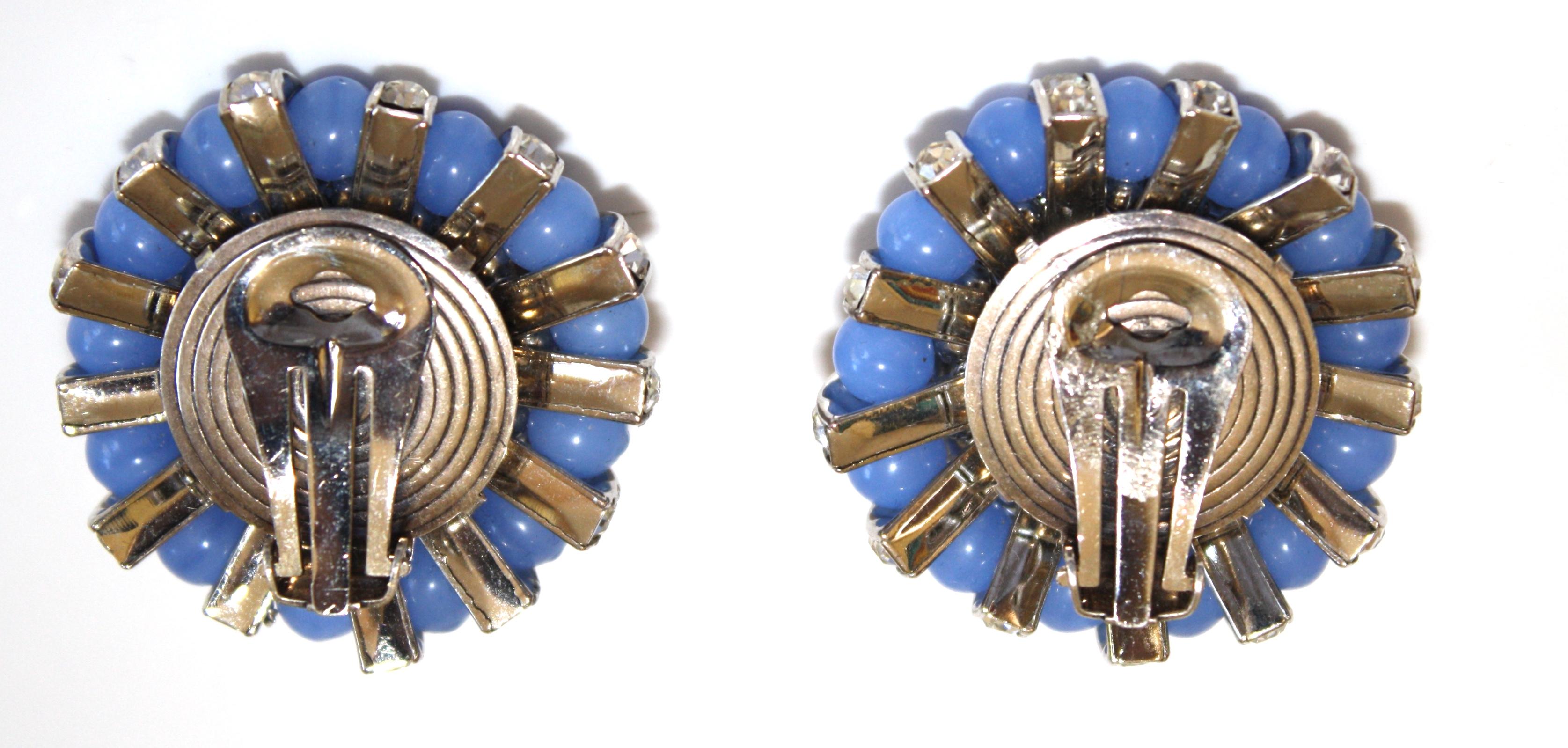 Women's or Men's Francoise Montague Blue Glass and Crystal Clip Earrings
