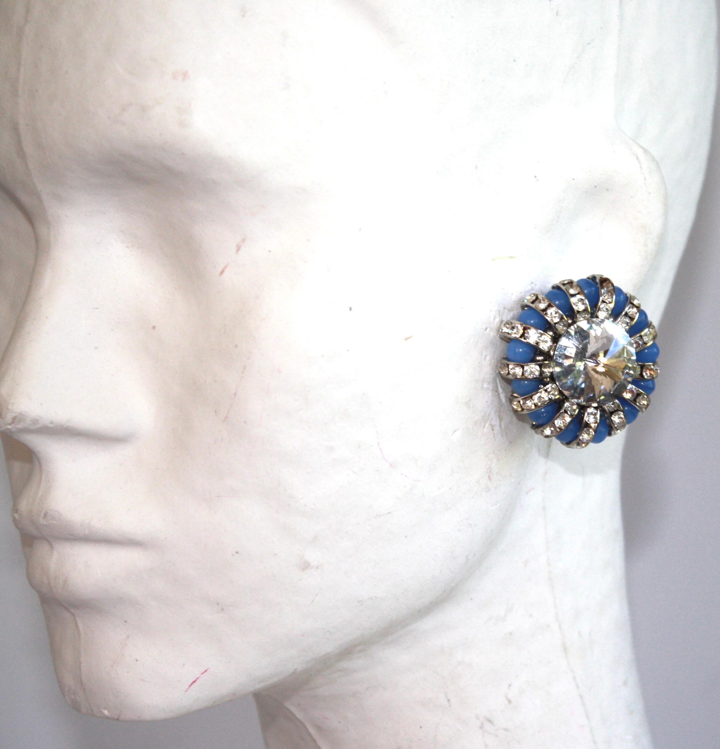 Francoise Montague Blue Glass and Crystal Clip Earrings 1