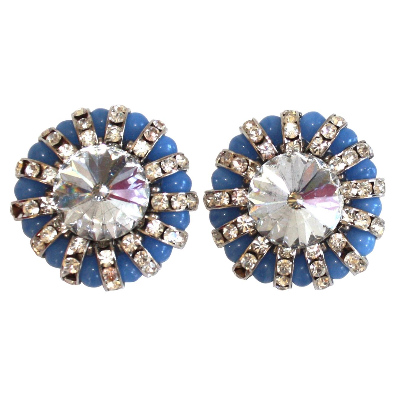 Francoise Montague Blue Glass and Crystal Clip Earrings