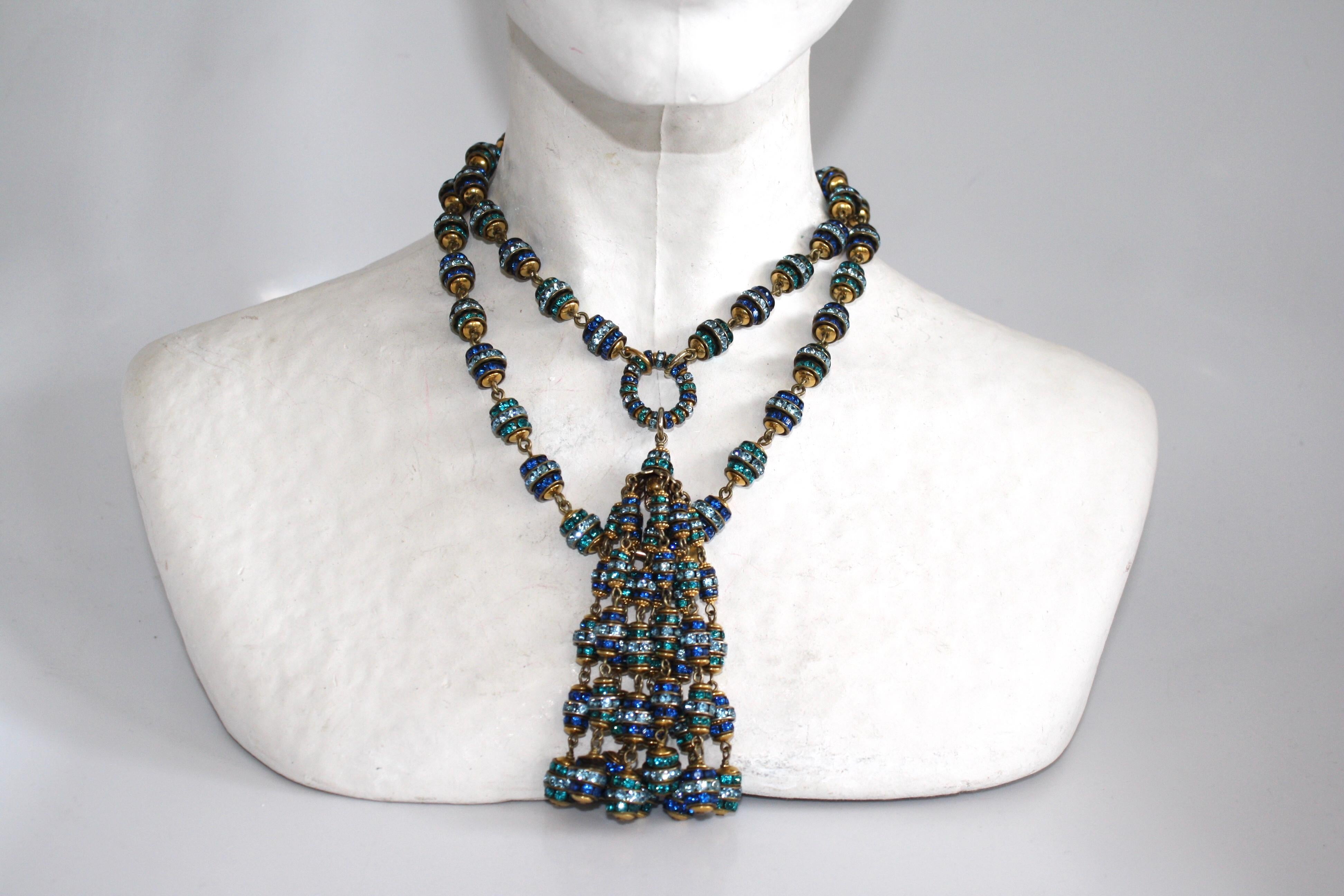 Long tassel necklace with crystal beads in shades of blue from Francoise Montague. 