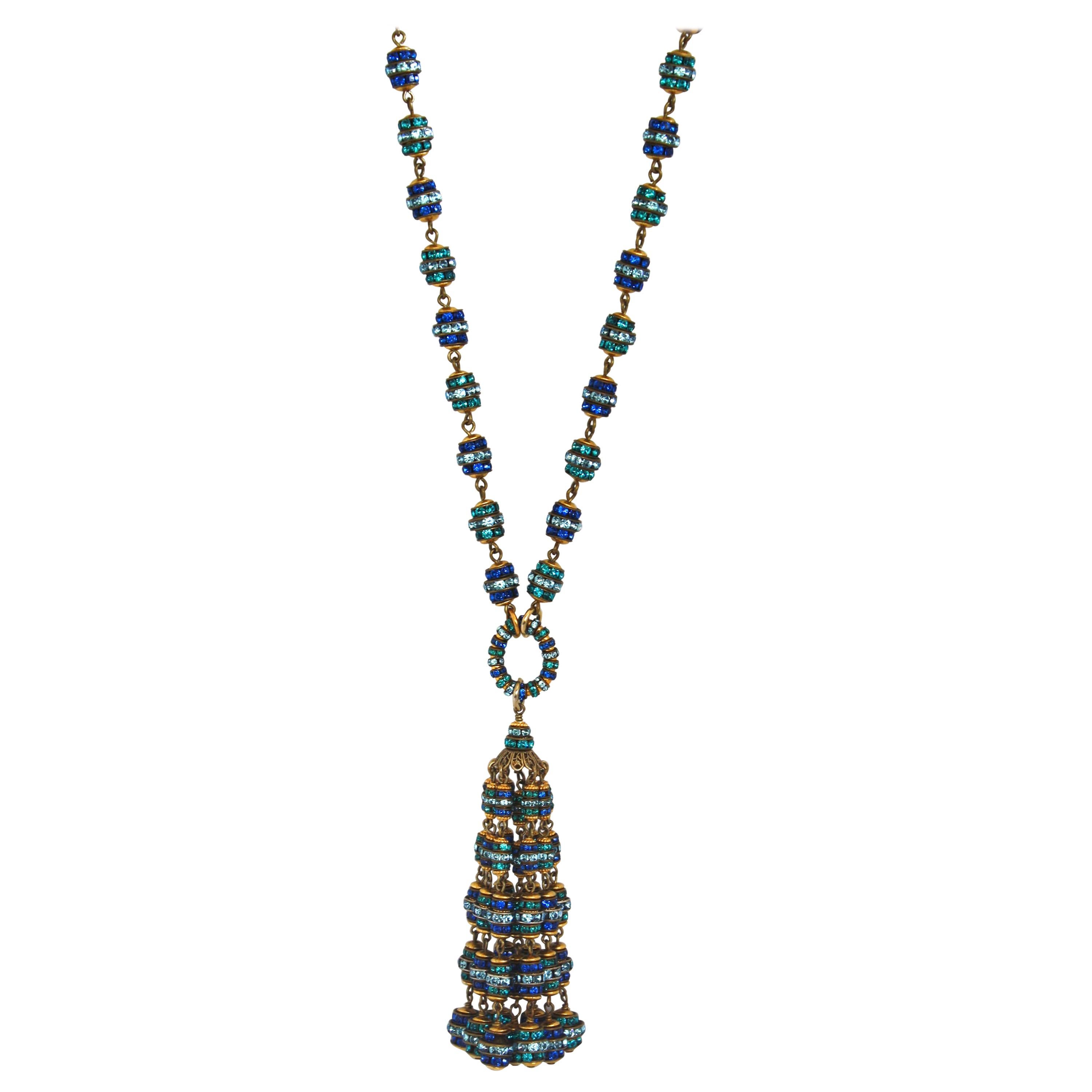 Francoise Montague Blue Swarovski Crystal Tassel Necklace