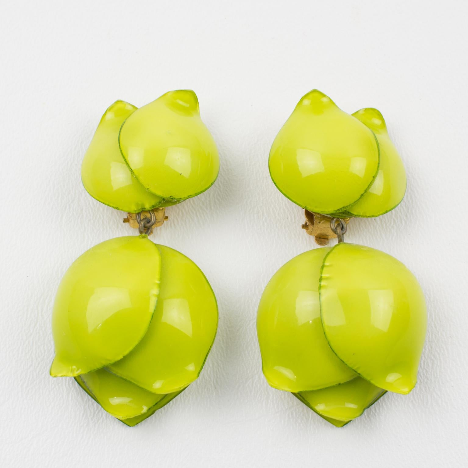 Modern Francoise Montague by Cilea Clip Earrings Apple Green Resin Flower For Sale