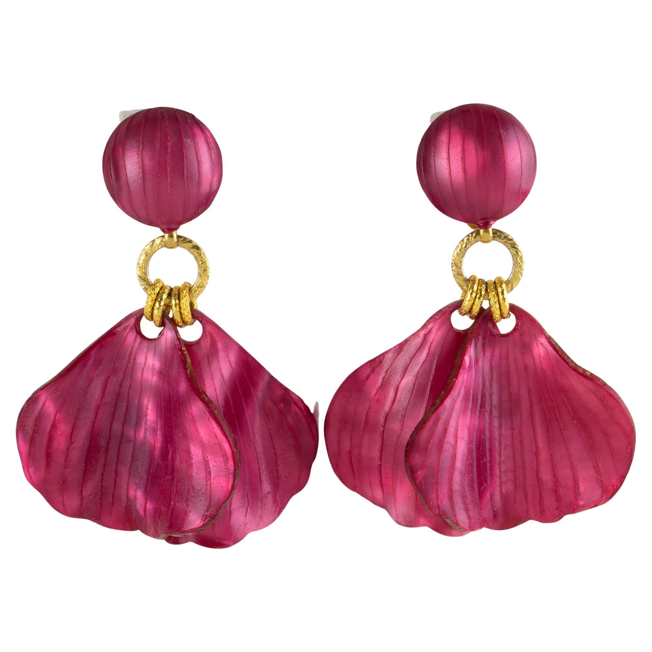 Francoise Montague by Cilea Clip Earrings Dangle Fuchsia Pink Resin Petals For Sale