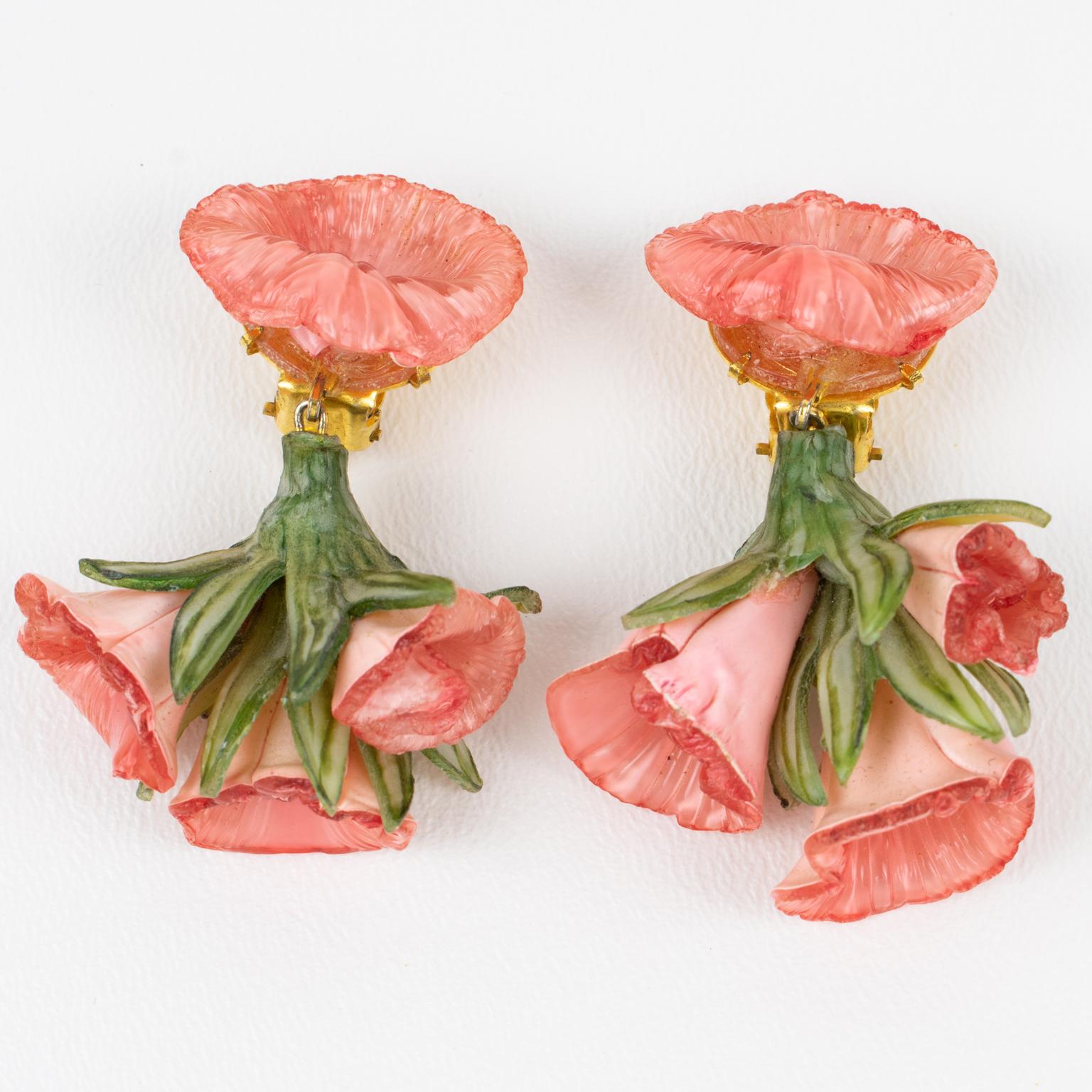 Modern Francoise Montague by Cilea Clip Earrings Pink and Green Resin Flowers For Sale