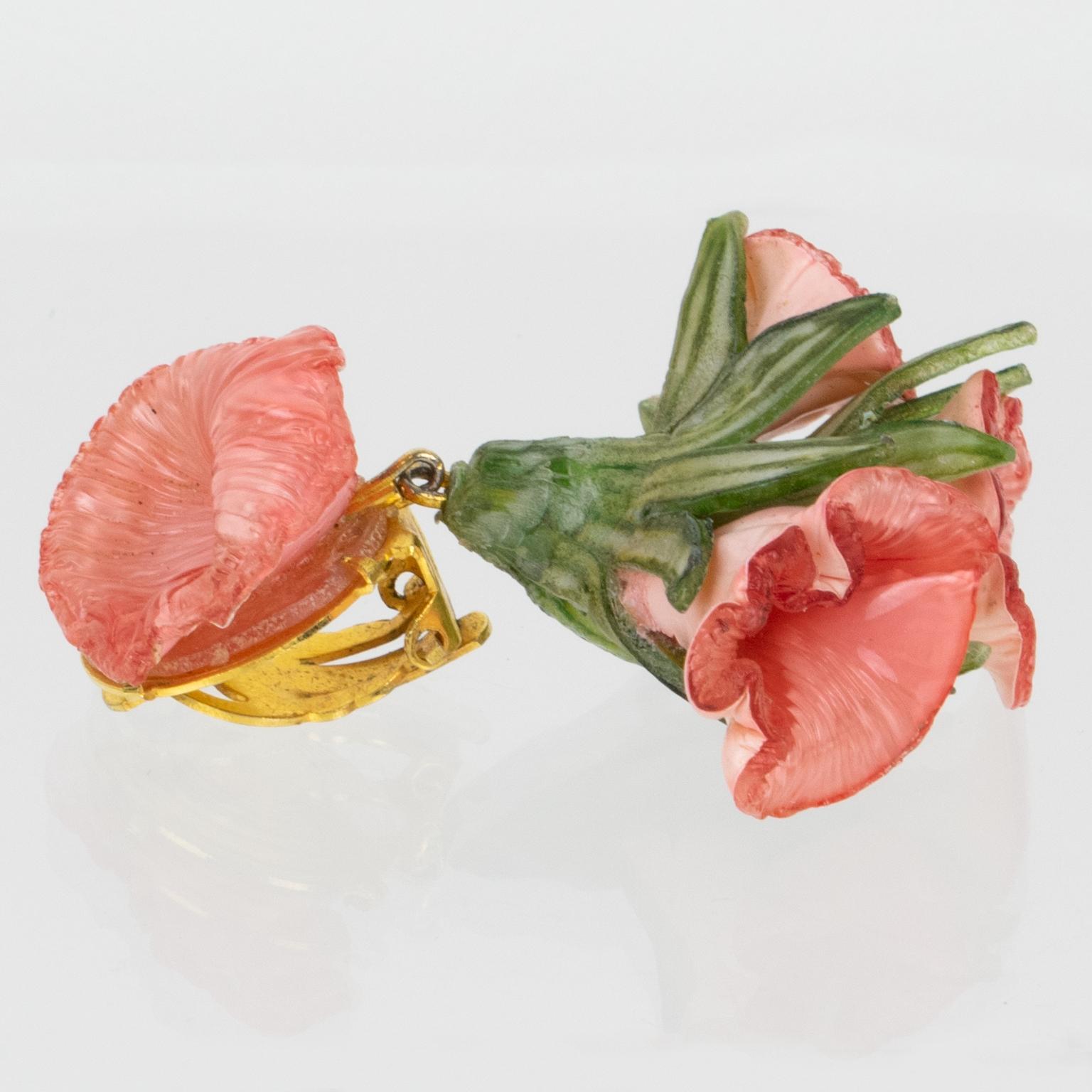 Women's Francoise Montague by Cilea Clip Earrings Pink and Green Resin Flowers For Sale