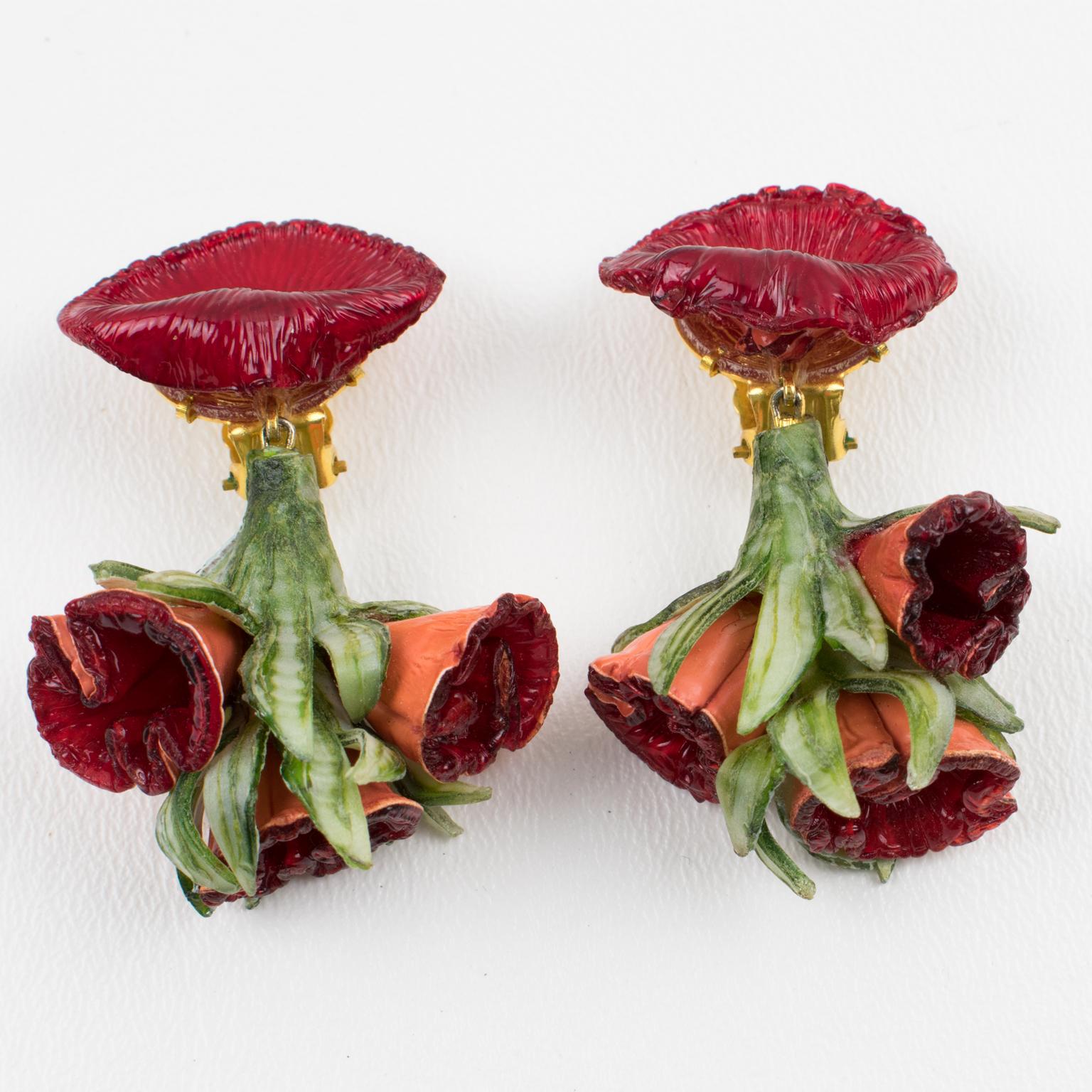 Modern Francoise Montague by Cilea Clip Earrings Red and Green Resin Flowers