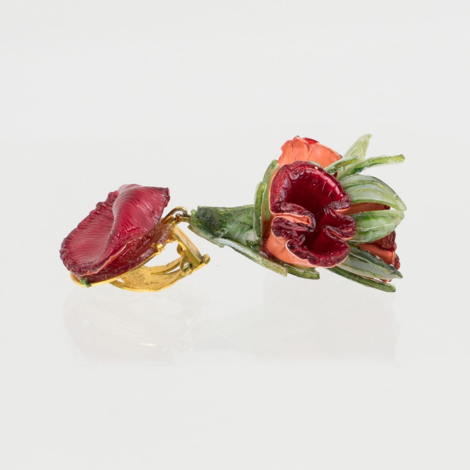 Women's Francoise Montague by Cilea Clip Earrings Red and Green Resin Flowers