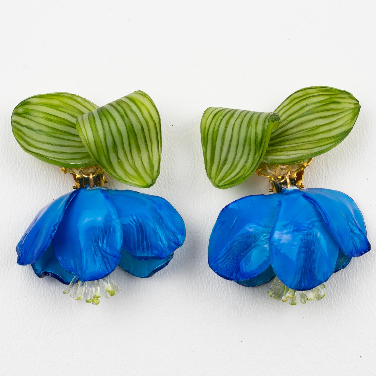 Modern Francoise Montague by Cilea Dangle Clip Earrings Blue Resin Poppy Flower