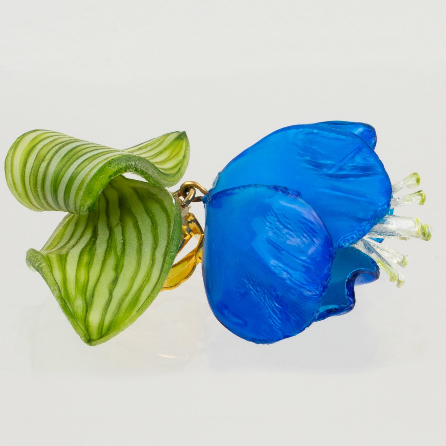Women's Francoise Montague by Cilea Dangle Clip Earrings Blue Resin Poppy Flower