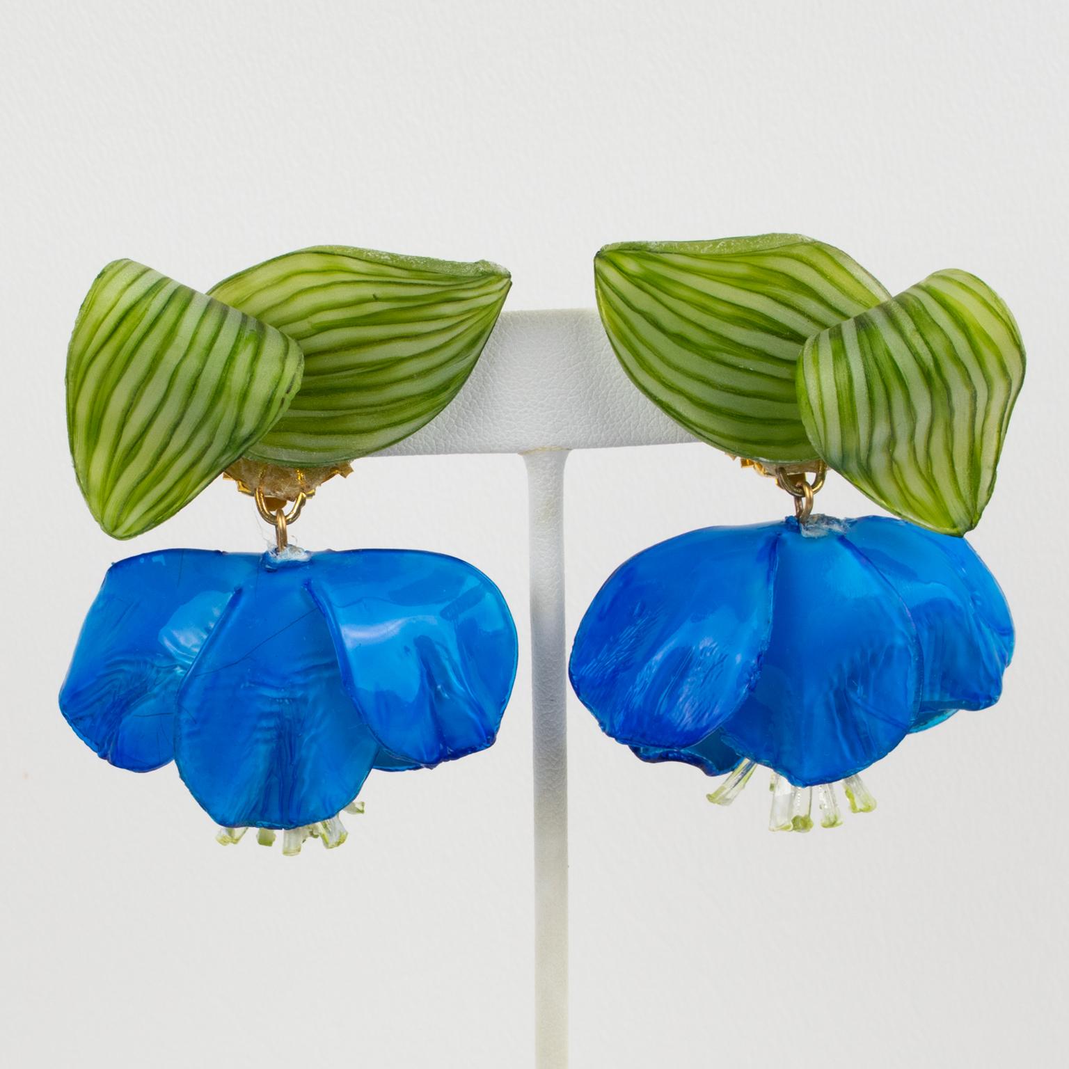 Francoise Montague by Cilea Dangle Clip Earrings Blue Resin Poppy Flower 1
