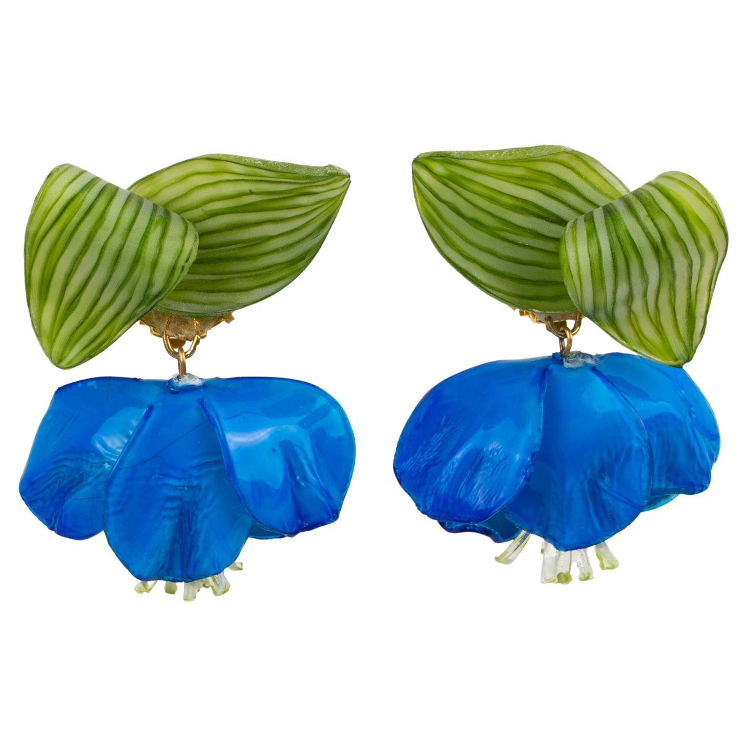 Francoise Montague by Cilea Dangle Clip Earrings Blue Resin Poppy Flower