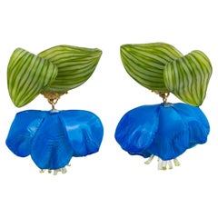 Francoise Montague by Cilea Dangle Clip Earrings Blue Resin Poppy Flower