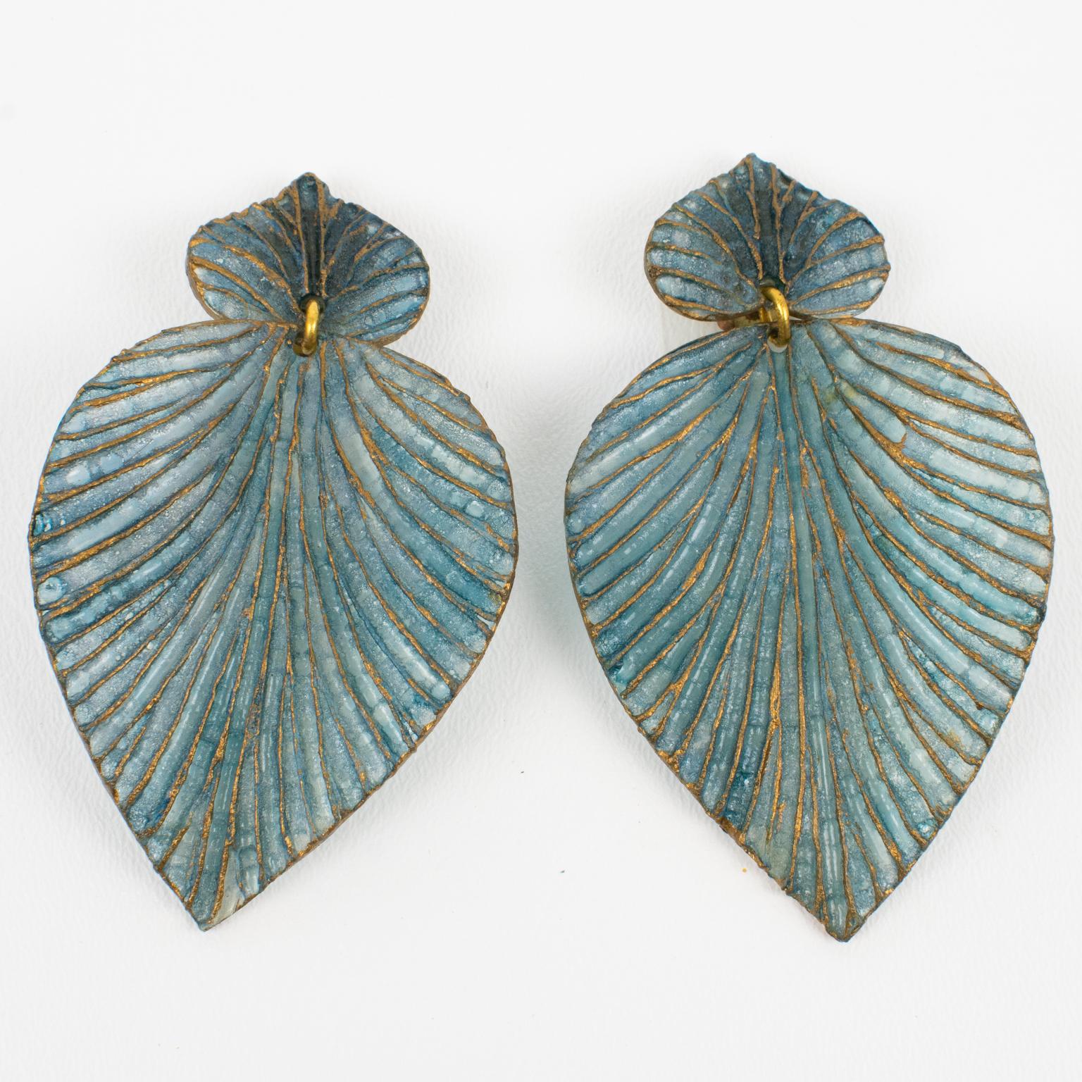 Modern Francoise Montague by Cilea Dangle Resin Clip Earrings Blue and Gold Leaves For Sale