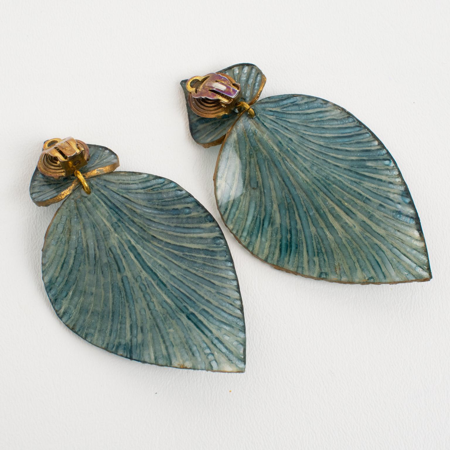 Francoise Montague by Cilea Dangle Resin Clip Earrings Blue and Gold Leaves In Good Condition For Sale In Atlanta, GA