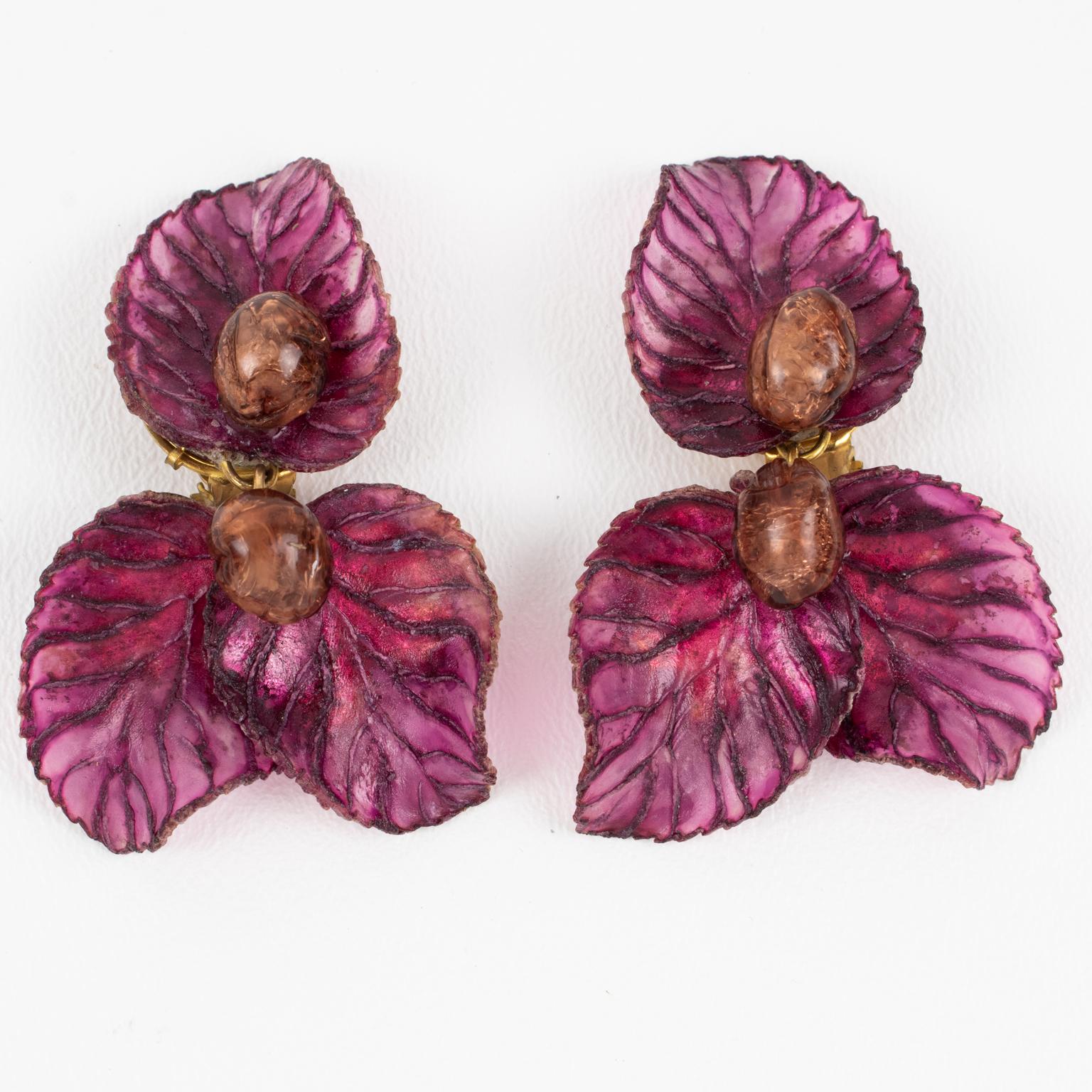Romantic Francoise Montague by Cilea Dangle Resin Clip Earrings Purple and Toffee Leaves For Sale