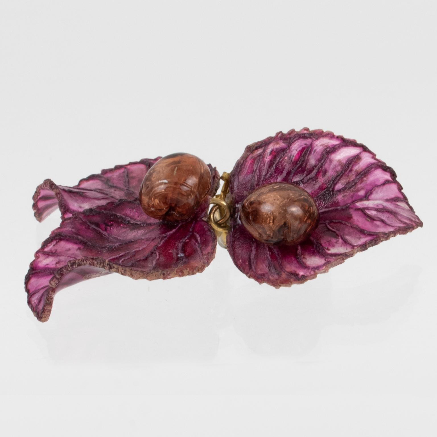 Women's or Men's Francoise Montague by Cilea Dangle Resin Clip Earrings Purple and Toffee Leaves For Sale
